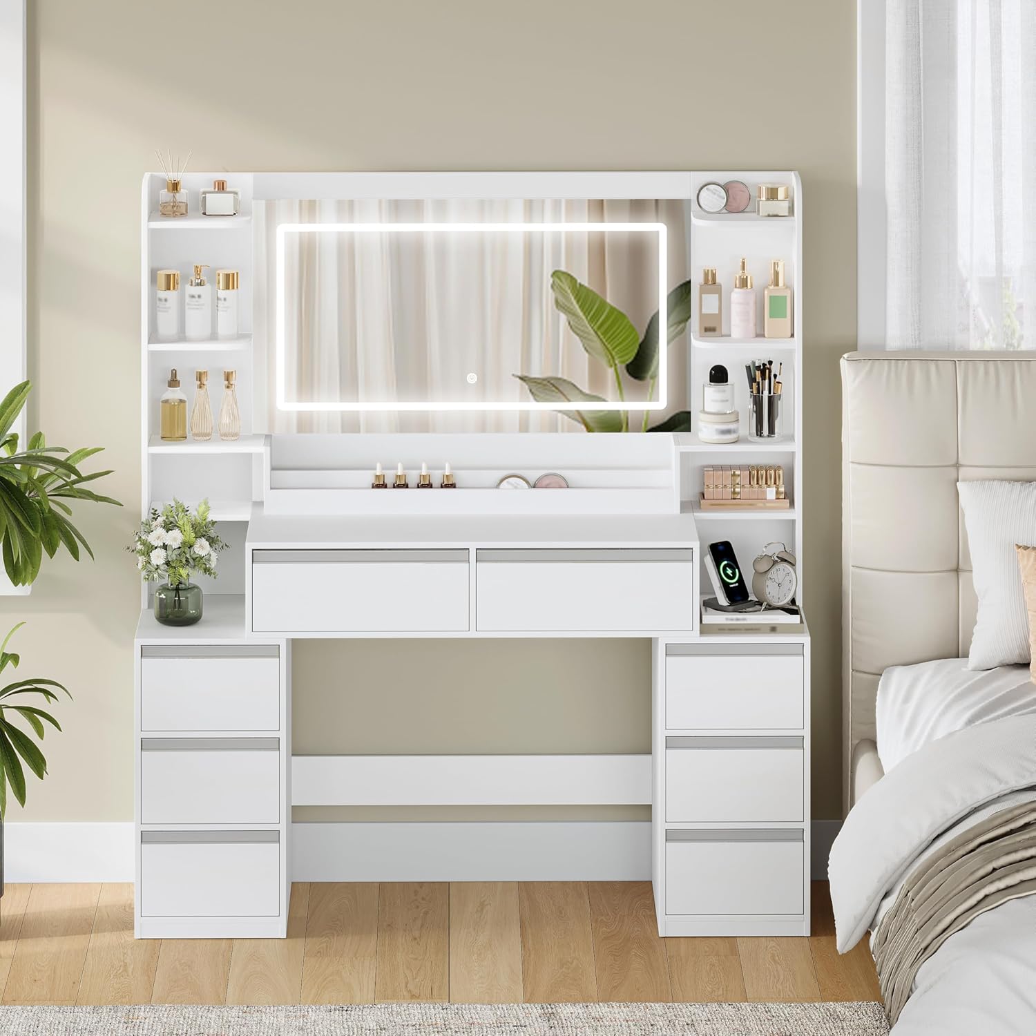 135 cm Dressing Table with Mirror, Vanity Desk, Adjustable 3-Colour LED Lights, Makeup Desk with Plug, Hairdryer Holder, 8 Drawers, Open Storage Spaces, Modern, White-Silver