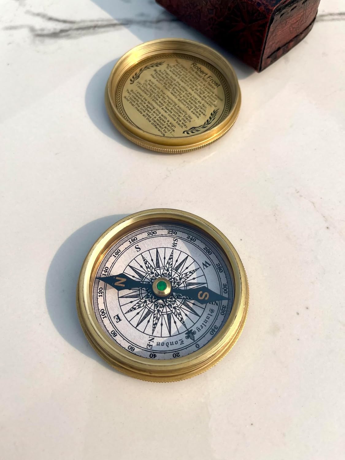 Vintage Style Brass Antique Compass with Leather Case Wanderful Engraved Design for Love Husband/Wife Valentine Day Gift Camping 2" in Compass with Calendar