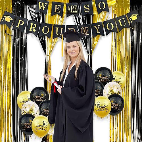 Miniatura 6 de Paquete de 2 decoraciones de fiesta negras y doradas, cortina de flecos de lámina dorada de 3.3 x 8.2 pies, telón de fondo de oropel negro,