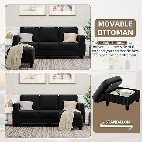 Miniatura 5 de JAMFLY Sofás seccionales convertibles para sala de estar, sofá en forma de L, juego de sofá modular de 3 asientos con tela de pana y sofá otomano