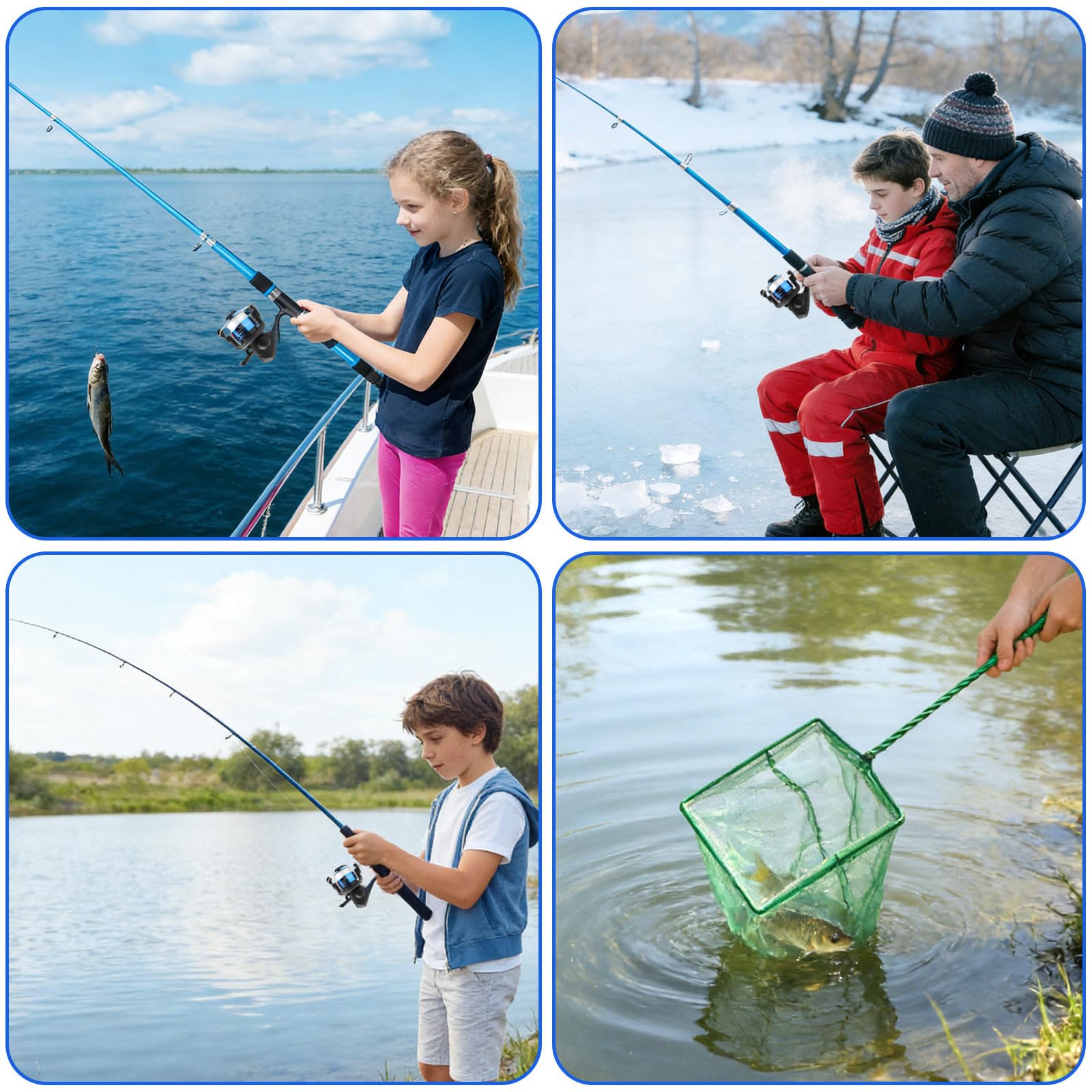 Juego de Caña de Pescar para Niños Principiantes, Kit de Pesca Completo con 1.8m Caña de Pescar Telescópica Carrete Spinning Señuelos 100 m Sedal Sacadera de Pesca y Bolsa de Transporte