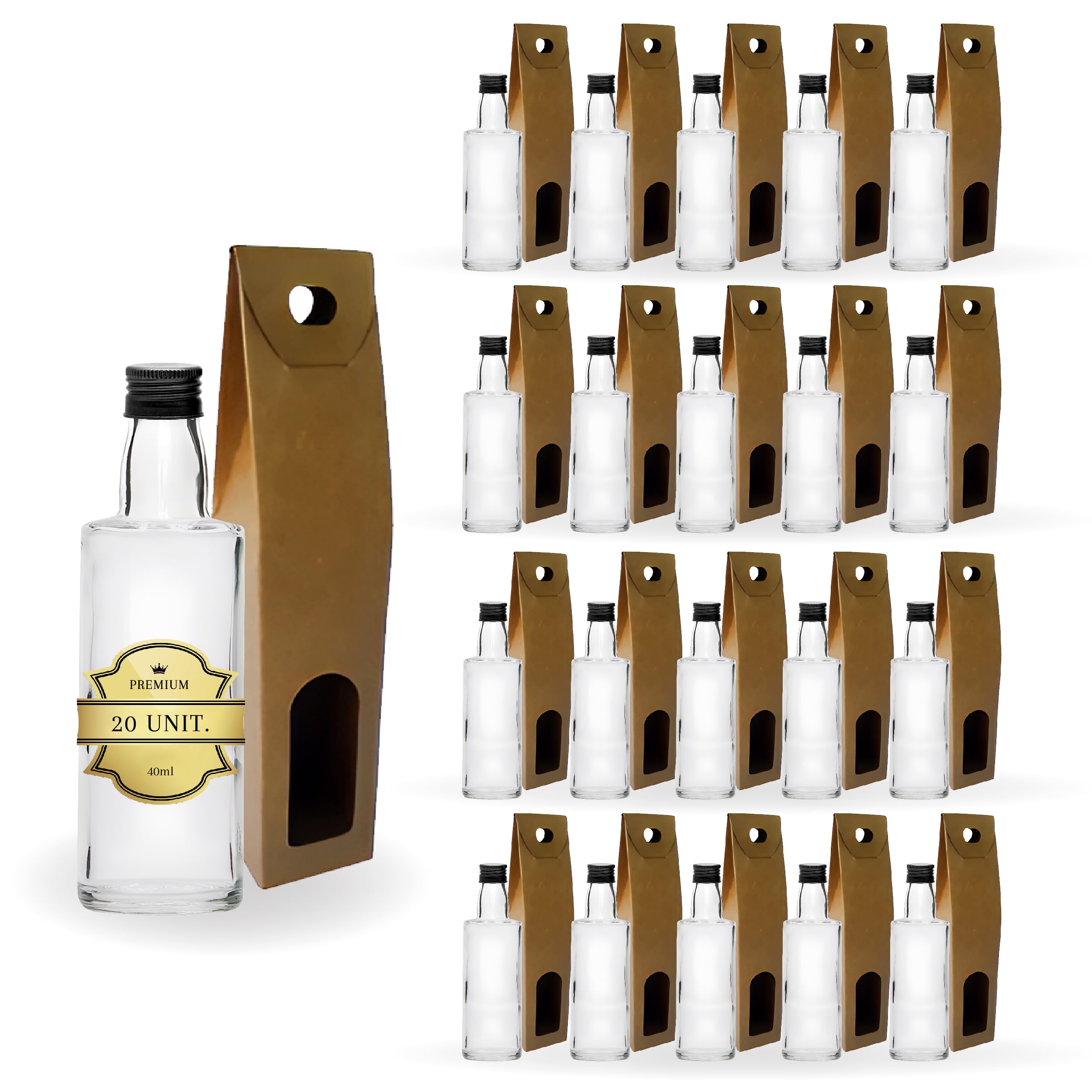 Espirito Rebelde 20 Minibotellas de Vidrio 40ml con Tapón de Rosca Negro + Caja | Mignonnettes de Alcohol 4cl, Pequeñas Fioles de Muestra | Ideal para Regalos, Bodas