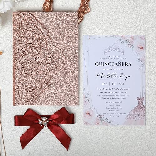 Miniatura 2 de 25 invitaciones de boda con purpurina de 250 GSM con tres pliegues con tarjetas de confirmación y sobres para boda, compromiso, despedida de
