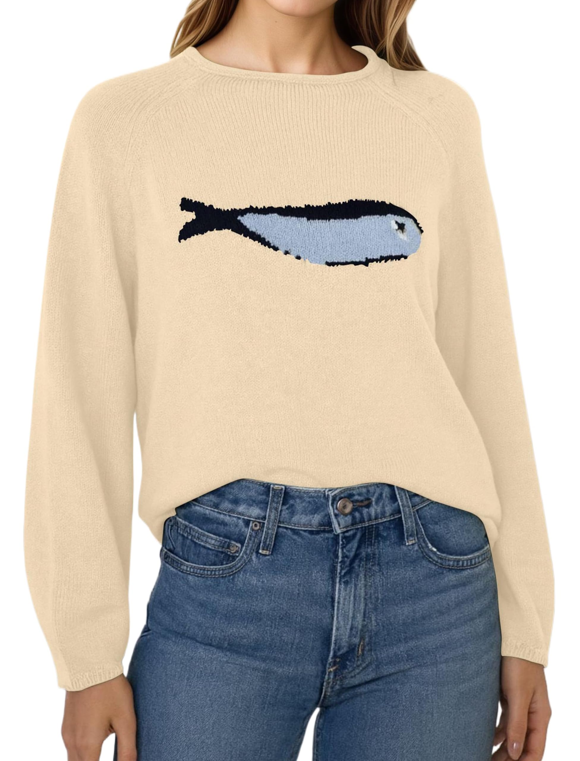 Ythomm Womens Fish Graphic Sweaters Mock Turtleneck Long Sleeve Knit Tops Rolled Trim Fun Graphic Ribbed Pullover Sweater