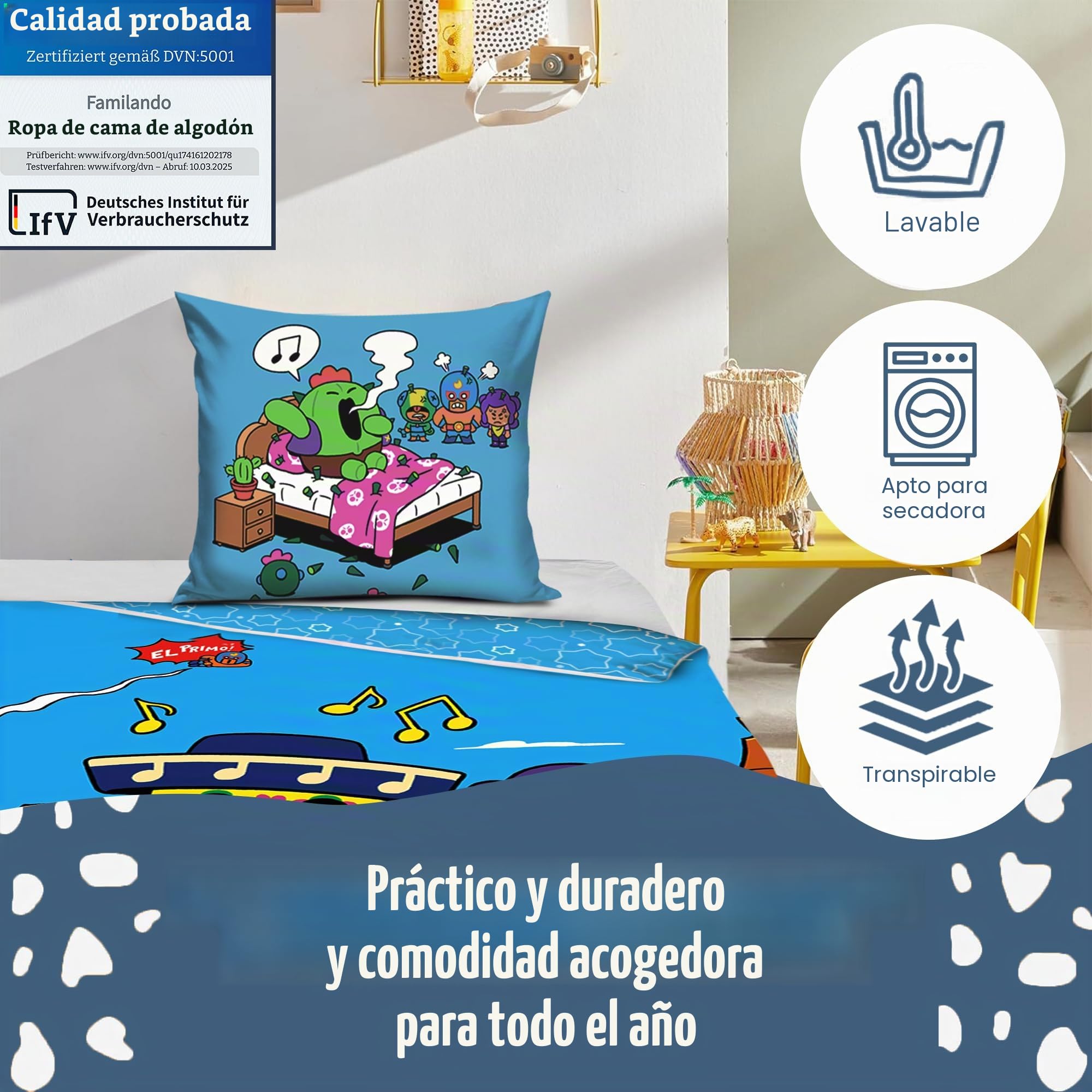Juego de cama Brawl Stars de 2 piezas 135x200 80x80 cm - Set para niños en calidad Renforcé de 100% algodón con cremallera - color permanente, lavable a máquina, Öko-Tex, motivo EL Primo azul
