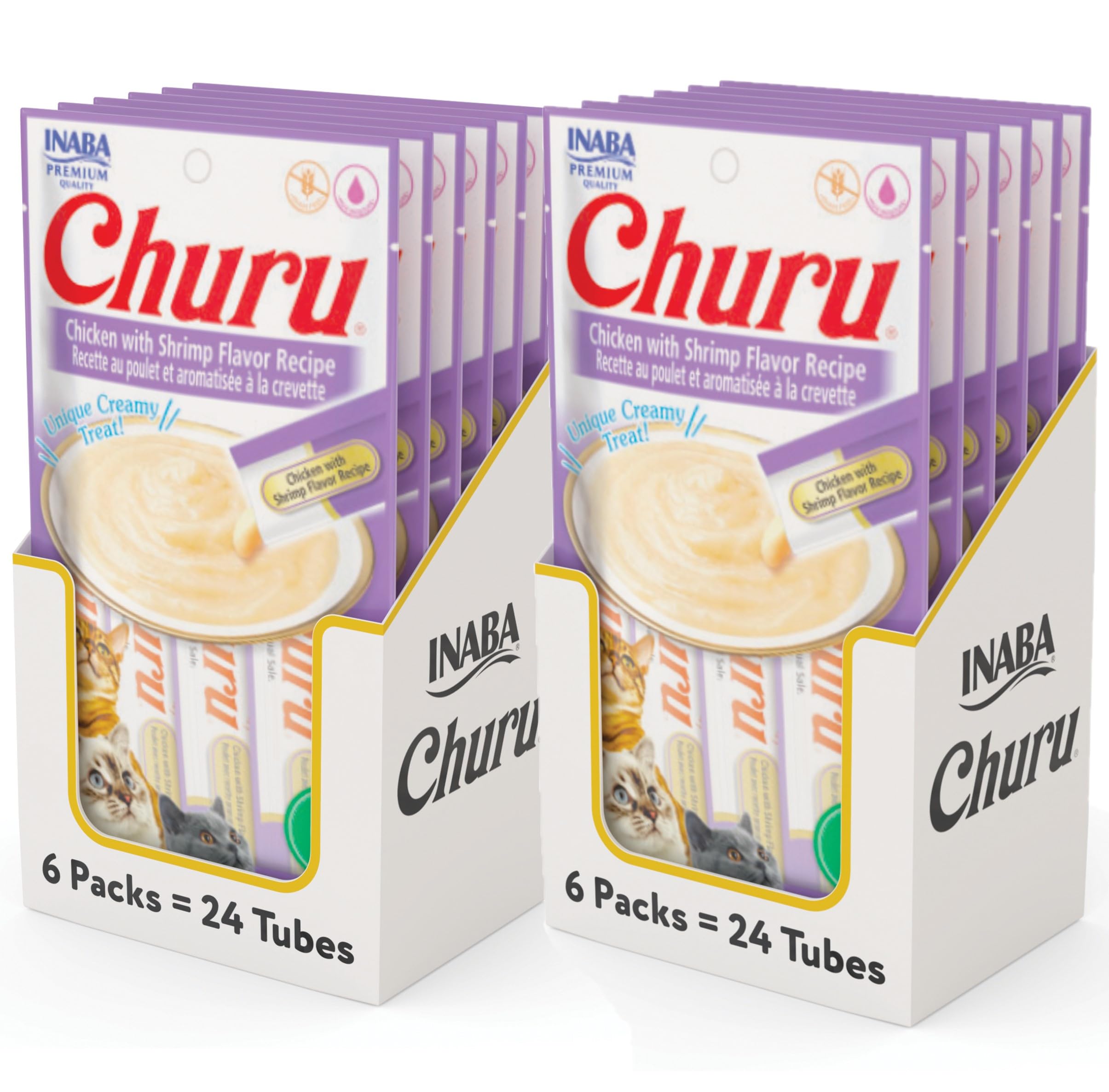 INABA Churu Cat Treats, Grain-Free, Lickable, Squeezable Creamy Purée Cat Treat/Topper with Vitamin E &amp; Taurine, 0.5 Ounces Each Tube, 48 Tubes (4 per Pack), Chicken with Shrimp Recipe