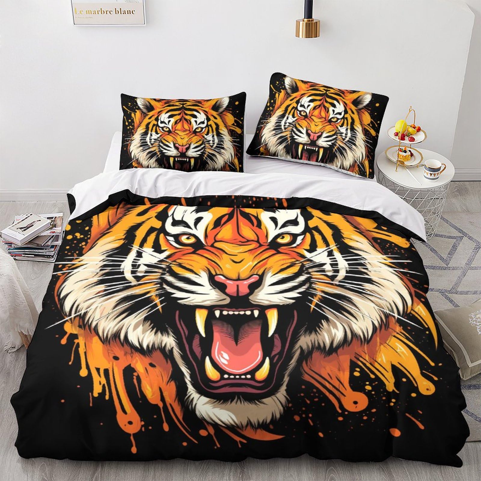 Housse de couette 3D fermeture éclair Angry Tiger en microfibre douce lit King 220x240cm