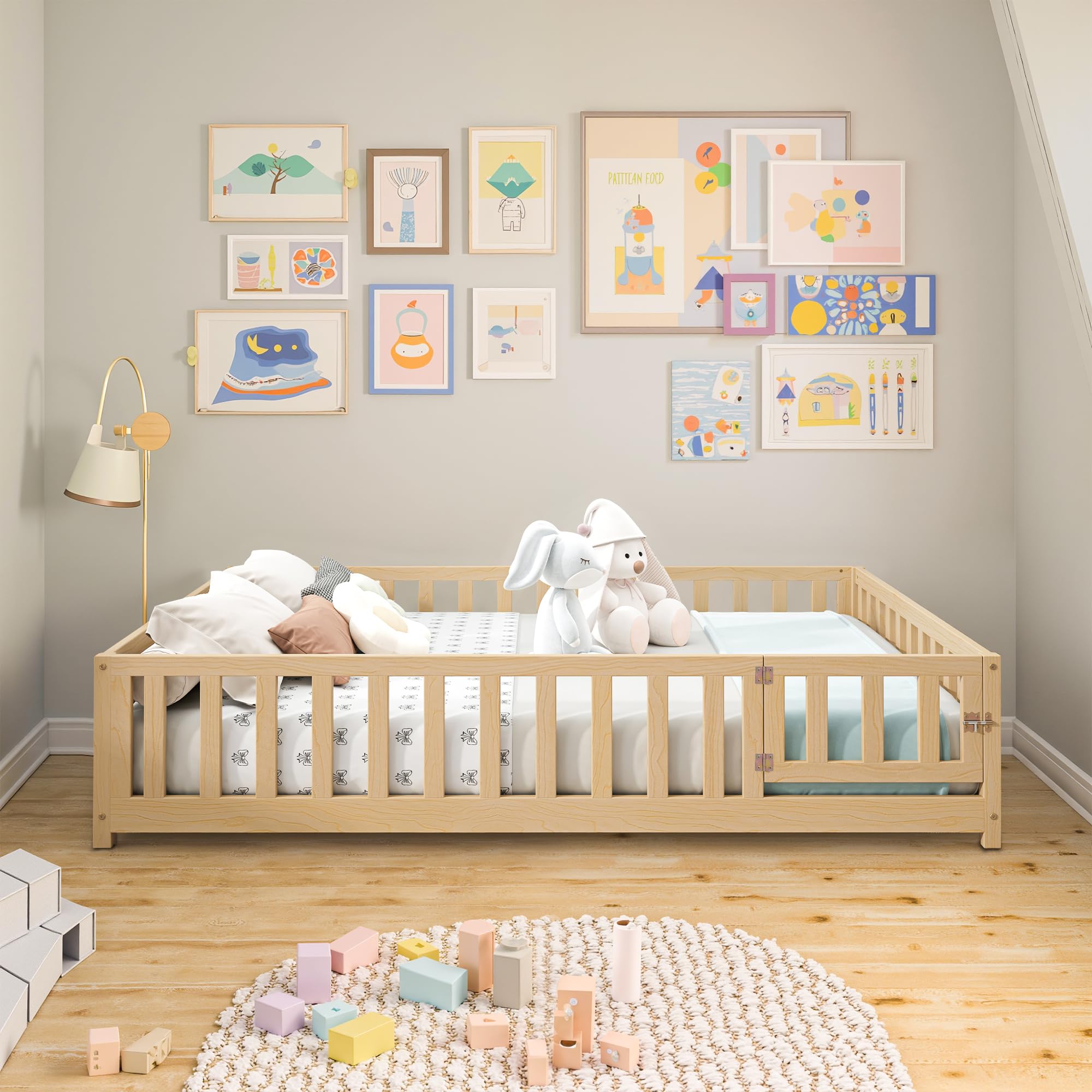 Osparple Full Size Floor Bed, Toddler Floor Bed Frame with High Guardrails, Solid Wood Montessori Beds Full with Support Slats, Fence and Door for Kids, Boys or Girls, Natural