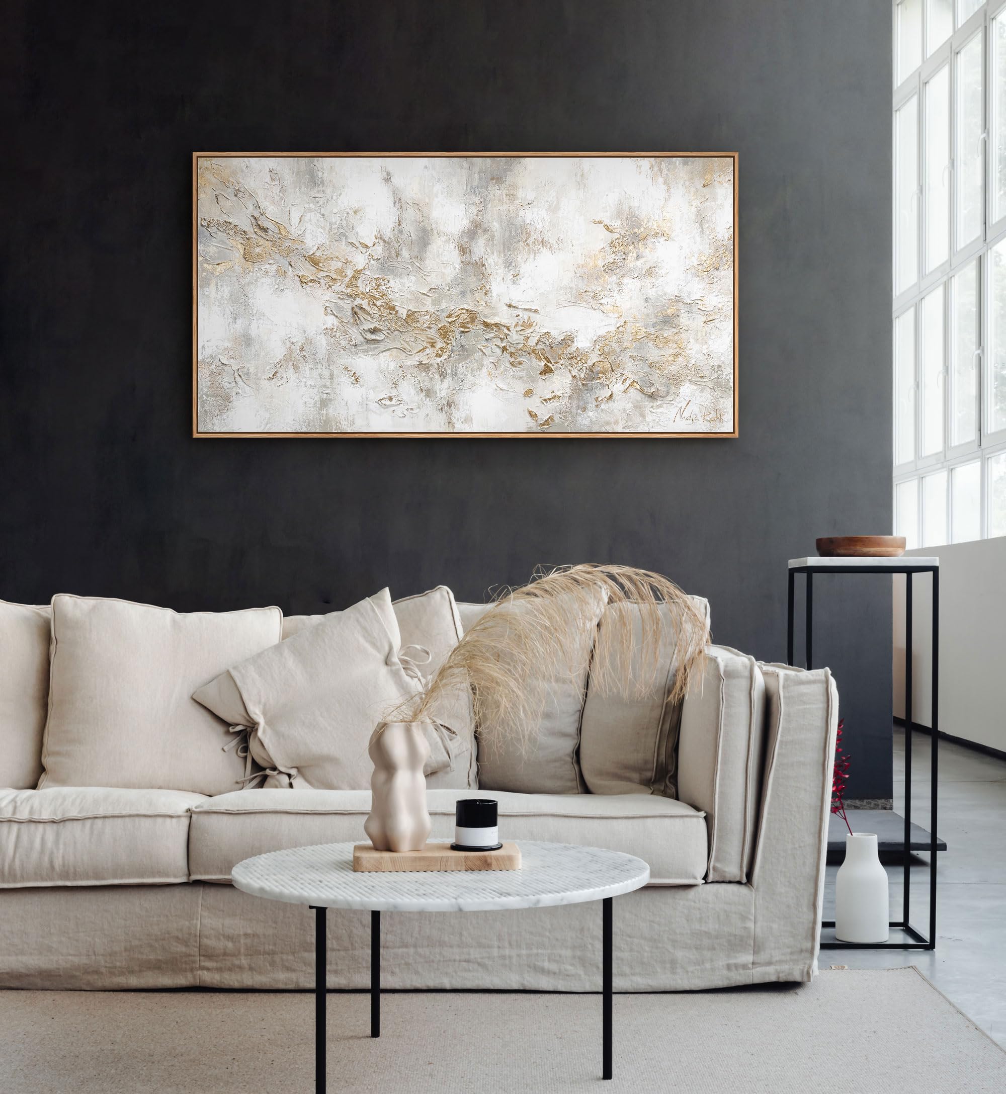 YS Tableau decoration murale salon peinte à la main Histoire Peinture moderne dans des tons beige clair avec des lignes dorées Surface texturée avec cadre 160x80 cm