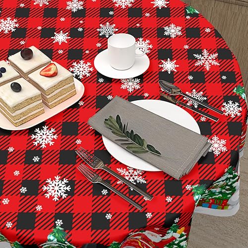 Miniatura 5 de Mantel de Navidad redondo de 60 pulgadas, color negro y rojo, a cuadros, copo de nieve, mantel de invierno, lavable, muñeco de nieve, para cocina,