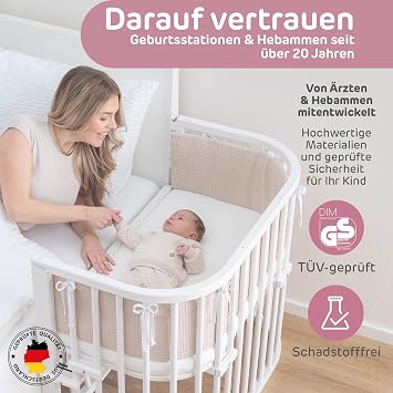 babybay Maxi Comfort Plus Side Bed & Bassinet Made of Solid Beech Wood / Extra Bed with Locking Grille / Infinitely Adjustable & Environmentally Friendly / Grows with Your Child (White Painted)