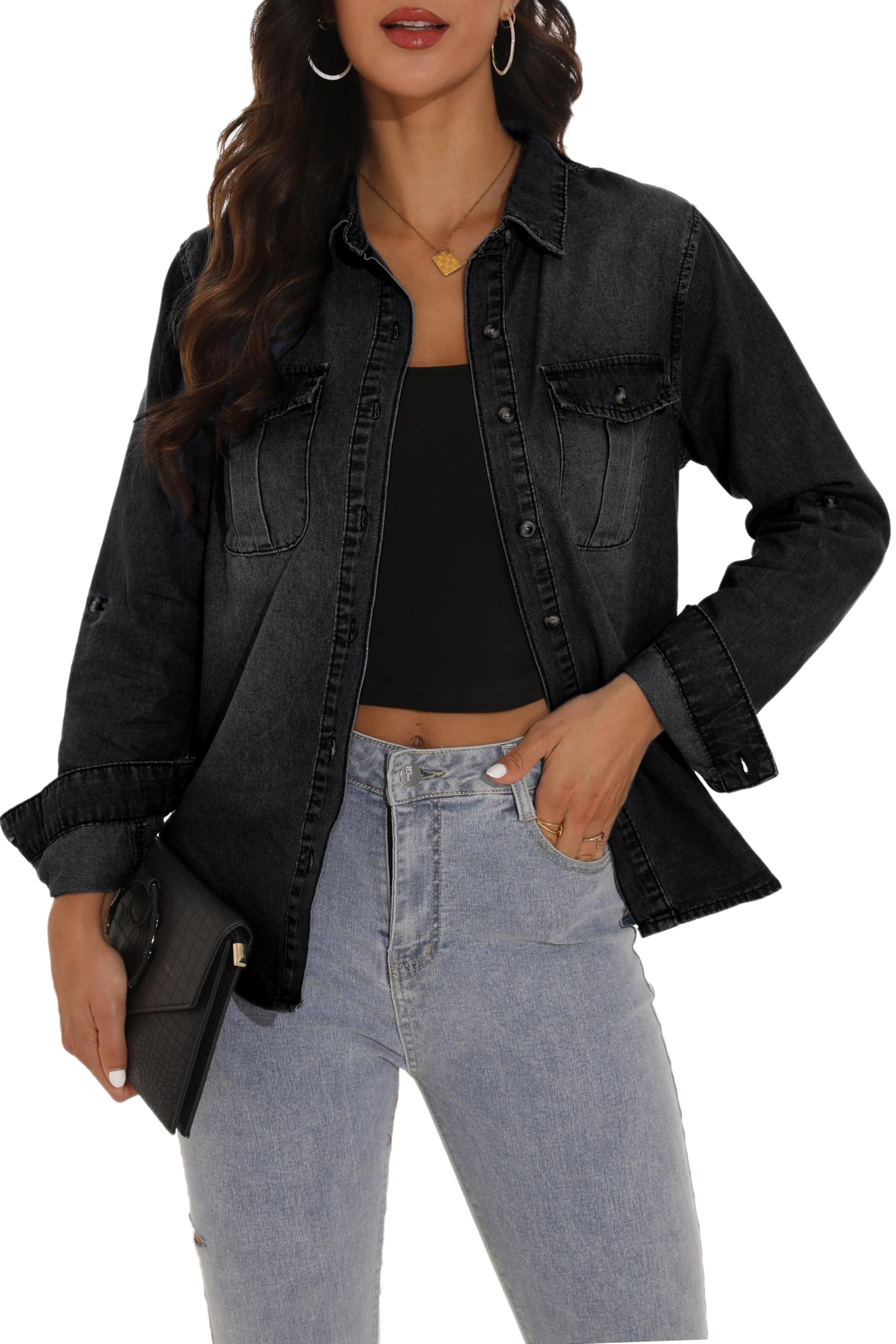 GUANYY Womens Denim Button Down Shirt Long Sleeve V Neck Jean Shirts Western Chambray Blouse Top