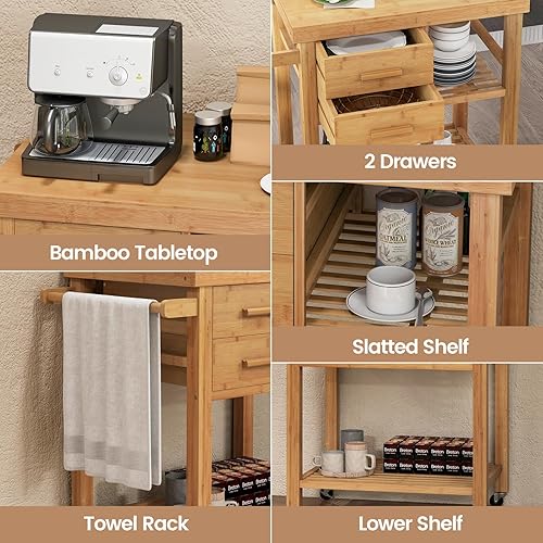 Miniatura 5 de LOKO Carrito de isla de cocina con ruedas, carrito de cocina con ruedas, carrito de cocina de madera rodante con cajones, estantes, toallero y