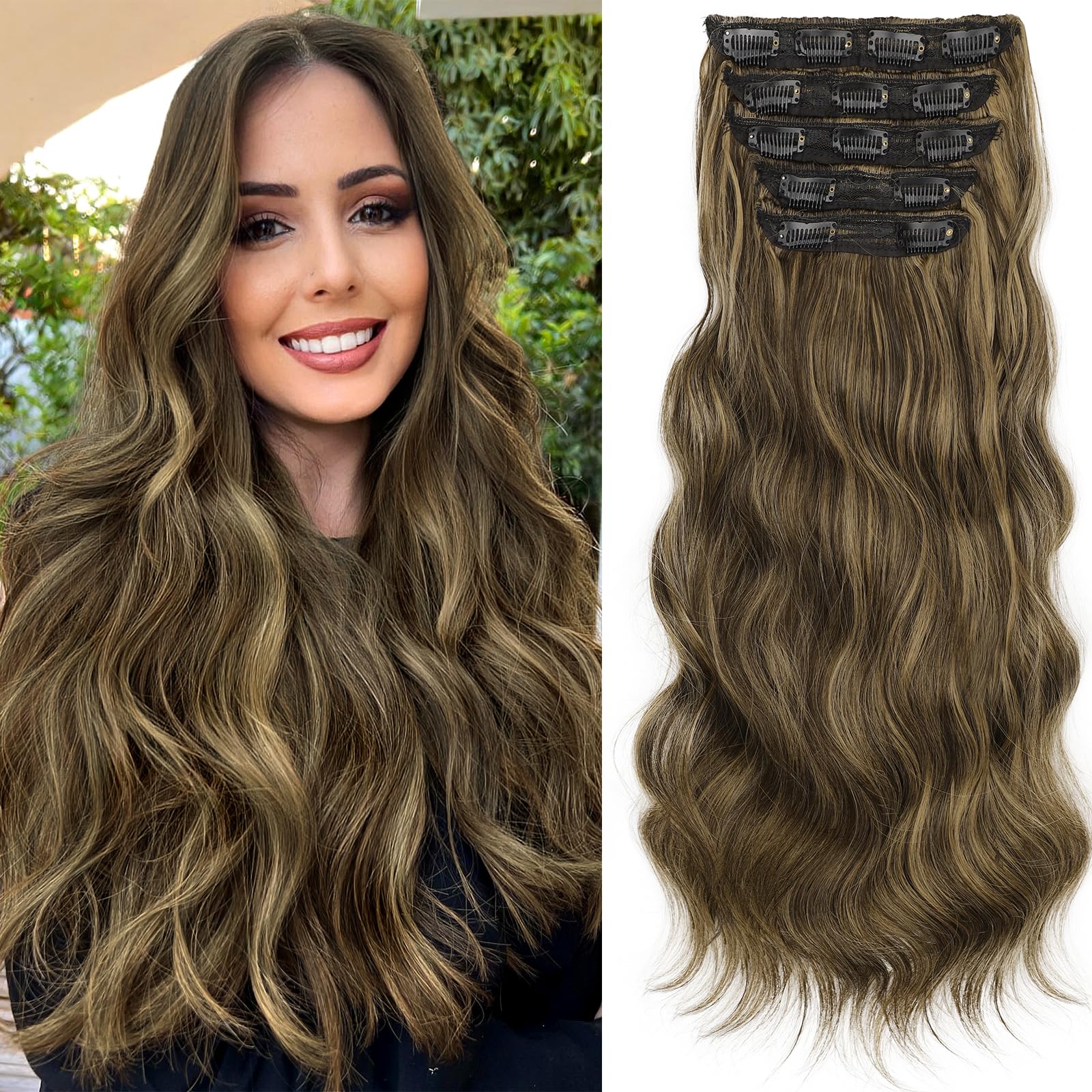 KooKaStyle 5PCS Invisible Full Coverage Edges Seamless Clip in Hair Extensions Balayage Dark Brown to Chestnut Long wavy Weft Natural Hairpiece 20