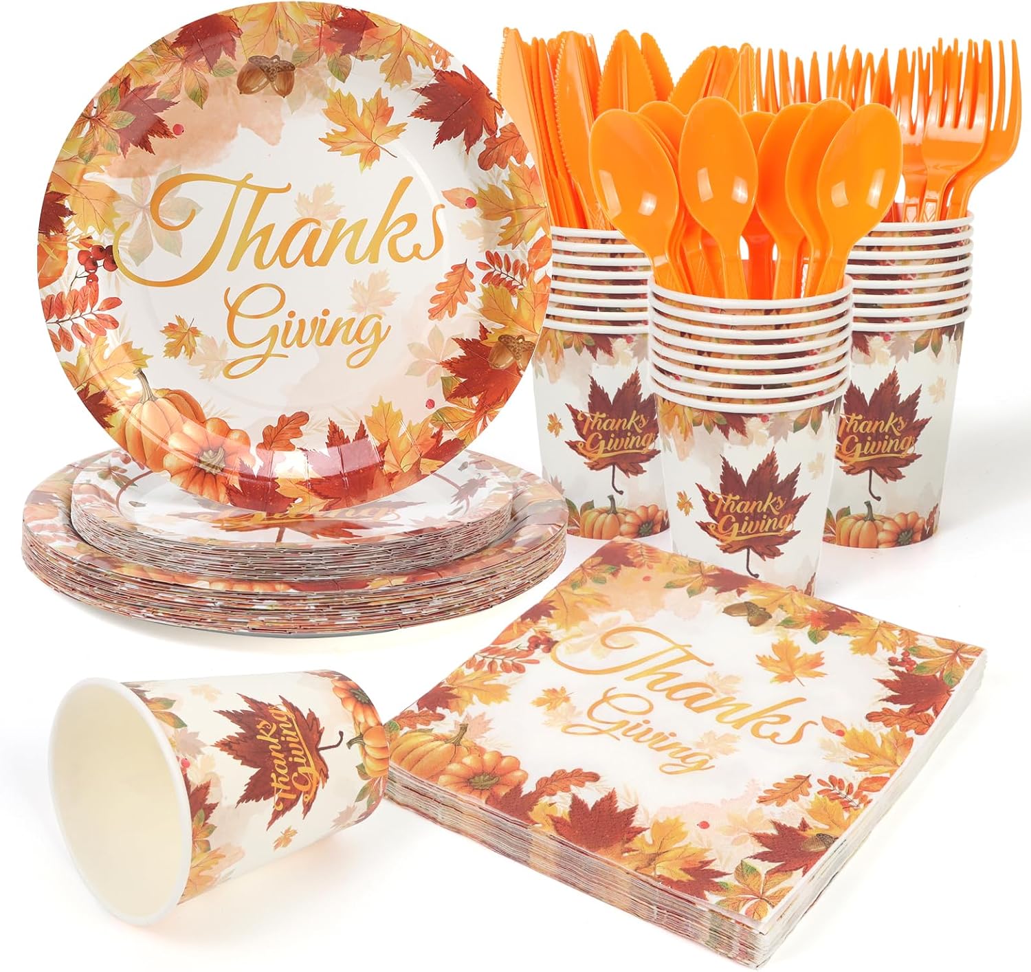 168Pcs Thanksgiving Paper Plates Fall Party Plates and Napkins Cups Maple Leaf Pumpkin Disposable Tableware Set for 24 Guest Christening Thanksgiving Day Party Supplies Decorations