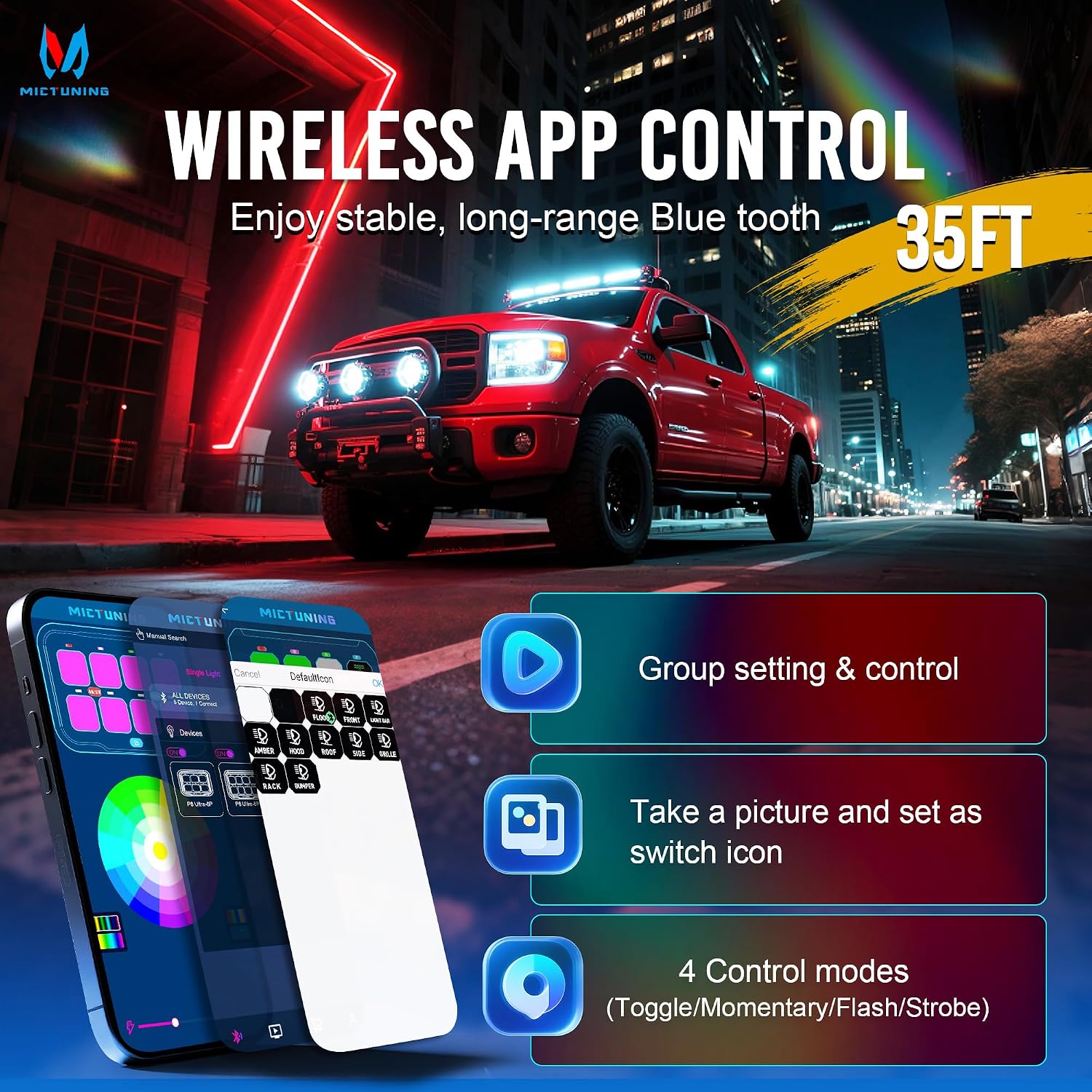 MICTUNING P8Y 8 Gang Switch Panel, Bluetooth RGB APP&RF Remote Control 230FT 433MHZ Long Range, IP67 Waterproof Auxiliary Backlit Off Toggle Pulsed Momentary Strobe Circuit Control System Box for Car