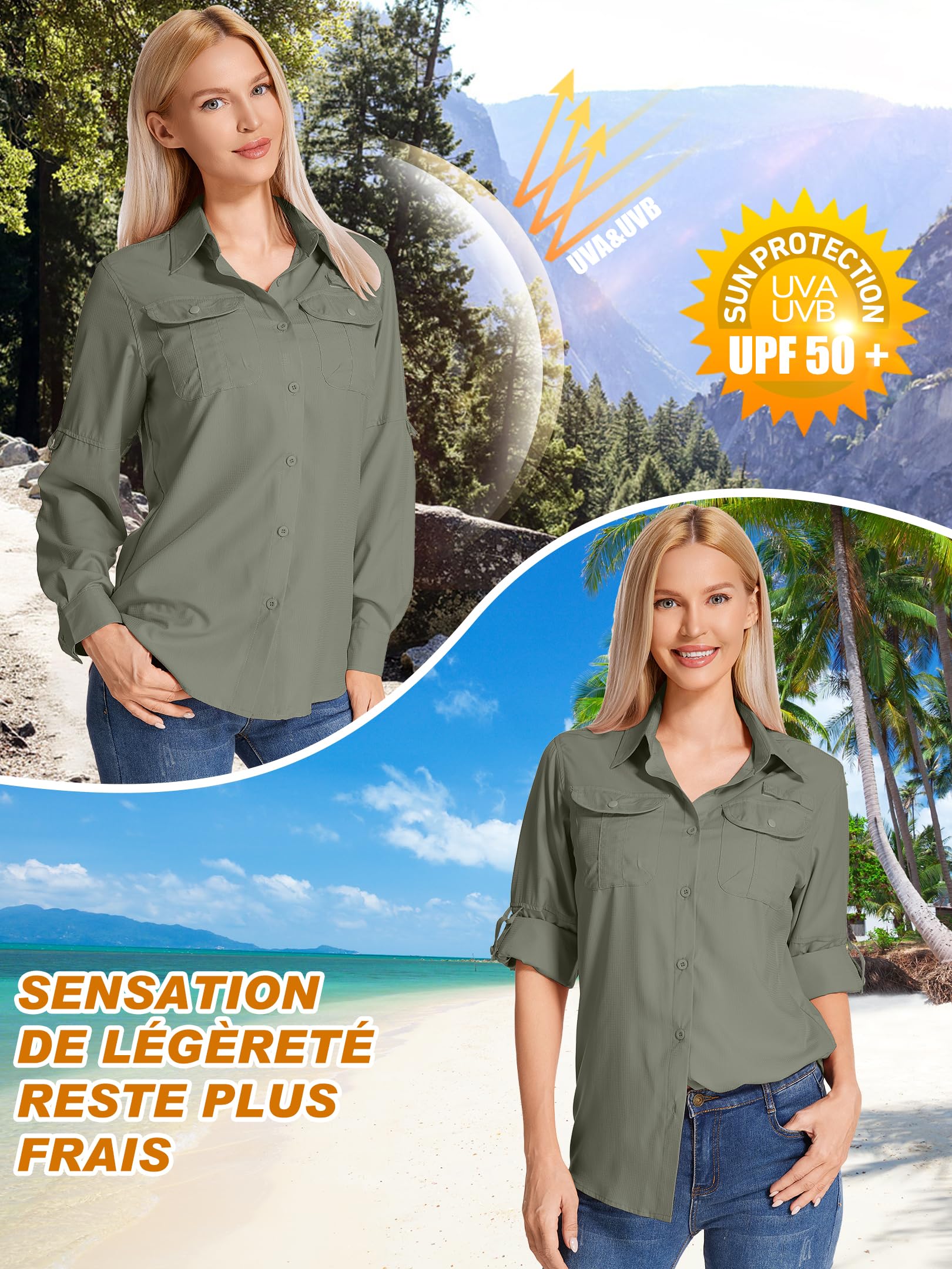 Chemise pour Femme - Protection UPF 50+ Chemises et t-Shirts de randonnée Femme Vêtement Safari Manches Longues - Idéale pour randonnée, Trekking, pêche, Camping