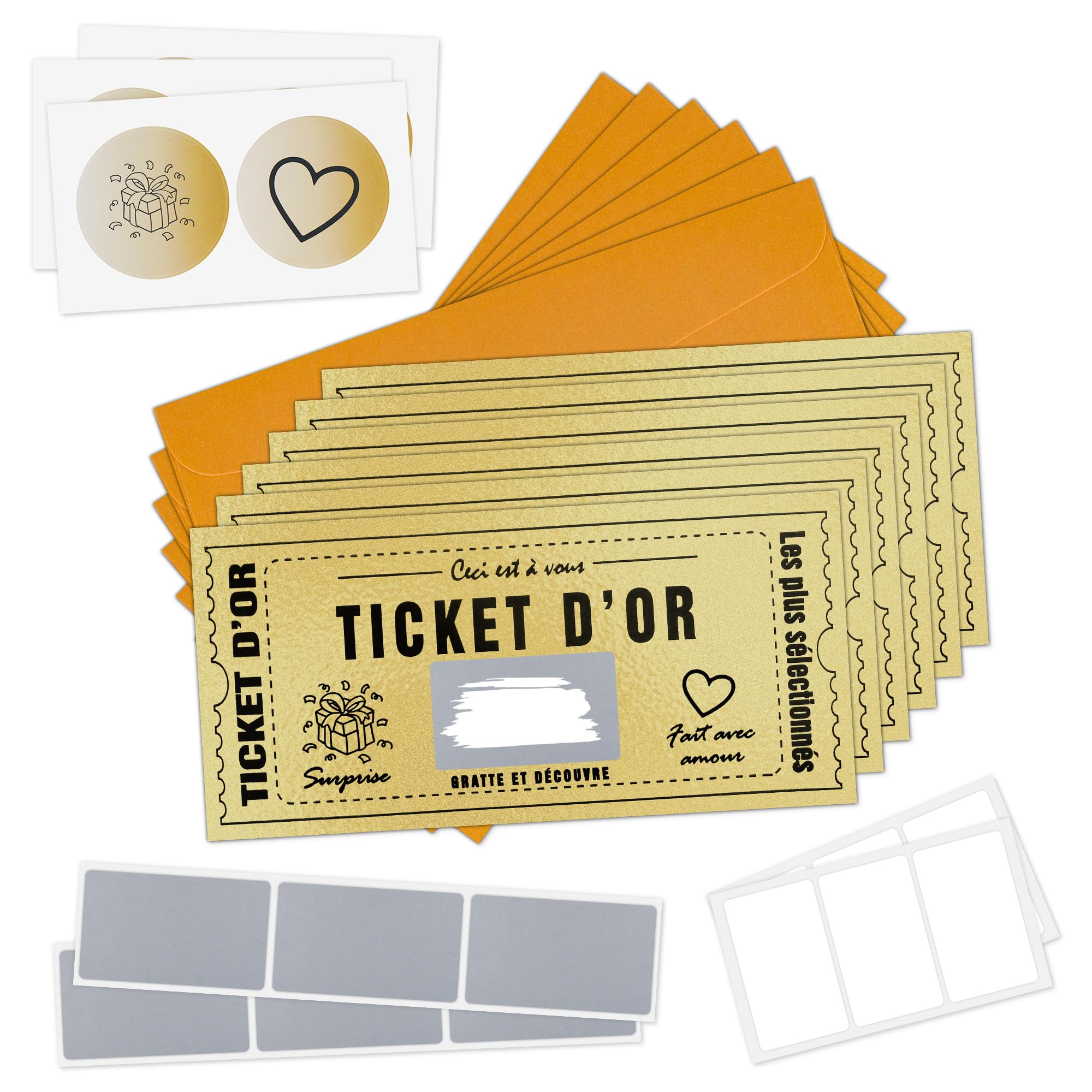 DasWas 2 Biglietti D'oro Voucher, Buoni Regalo da Riempire con Adesivi da Grattare, Biglietti da Grattare e Buono fai da te, Regalo Personalizzato in Busta Scintillante