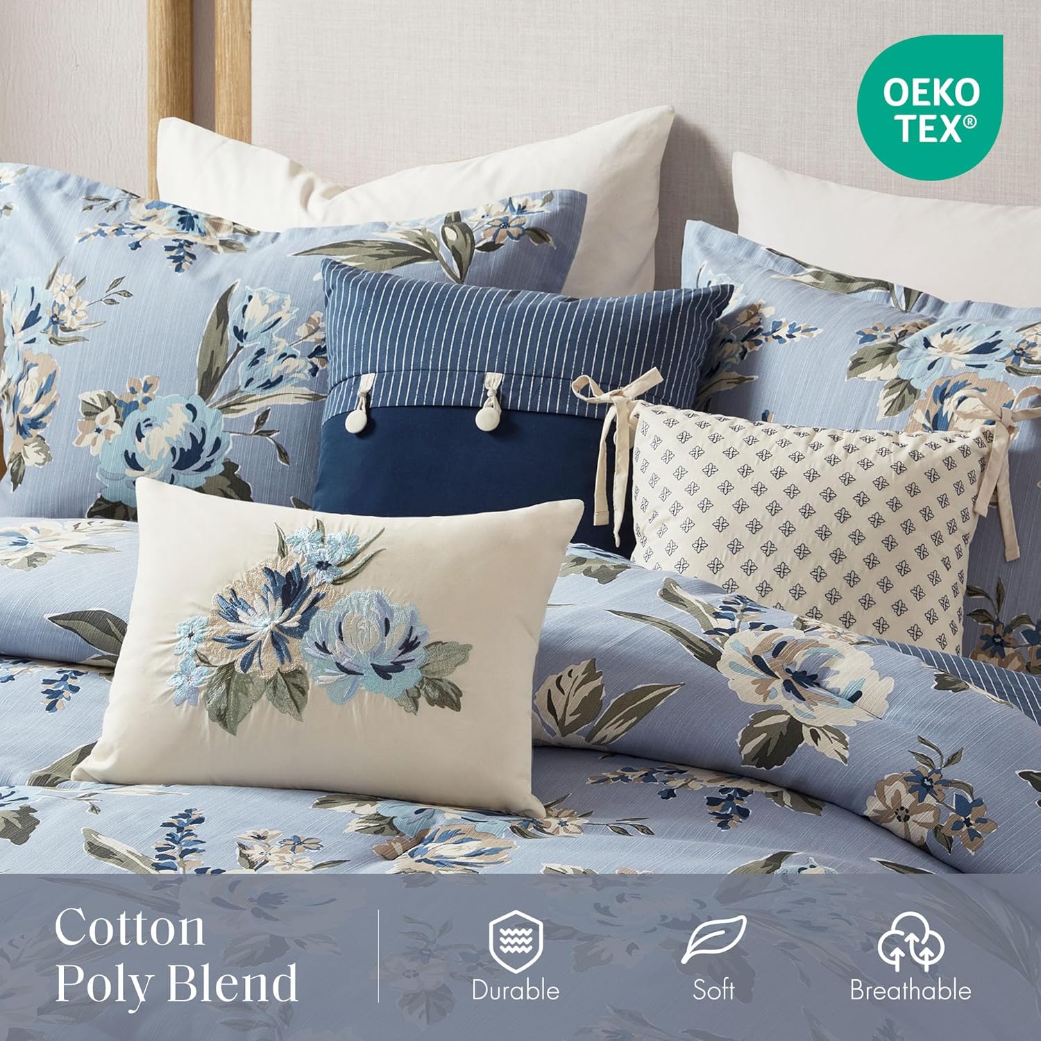 Madison Park Queen Comforter Set Vintage Floral Reversible Comforters Queen Size Bed, All Season, Down Alternative Bedding Queen Size Comforter, Bedskirt, Pillows, Shams, Salara, Queen Blue 7 Piece