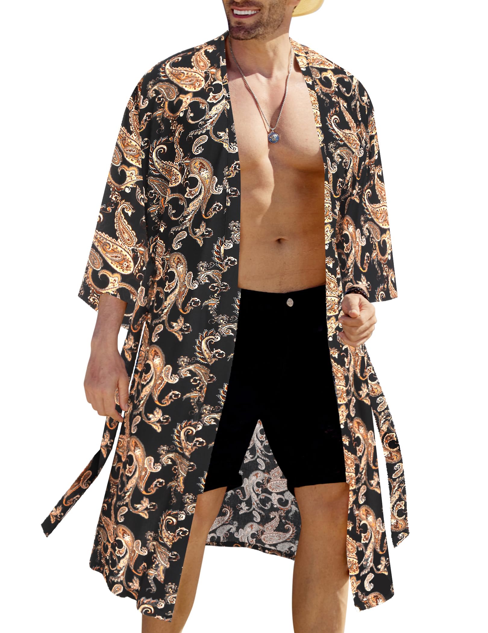 COOFANDYMen's Lightweight Kimono Robe Japanese Bathrobes Open Front Long Cardigan Cloak with Belt