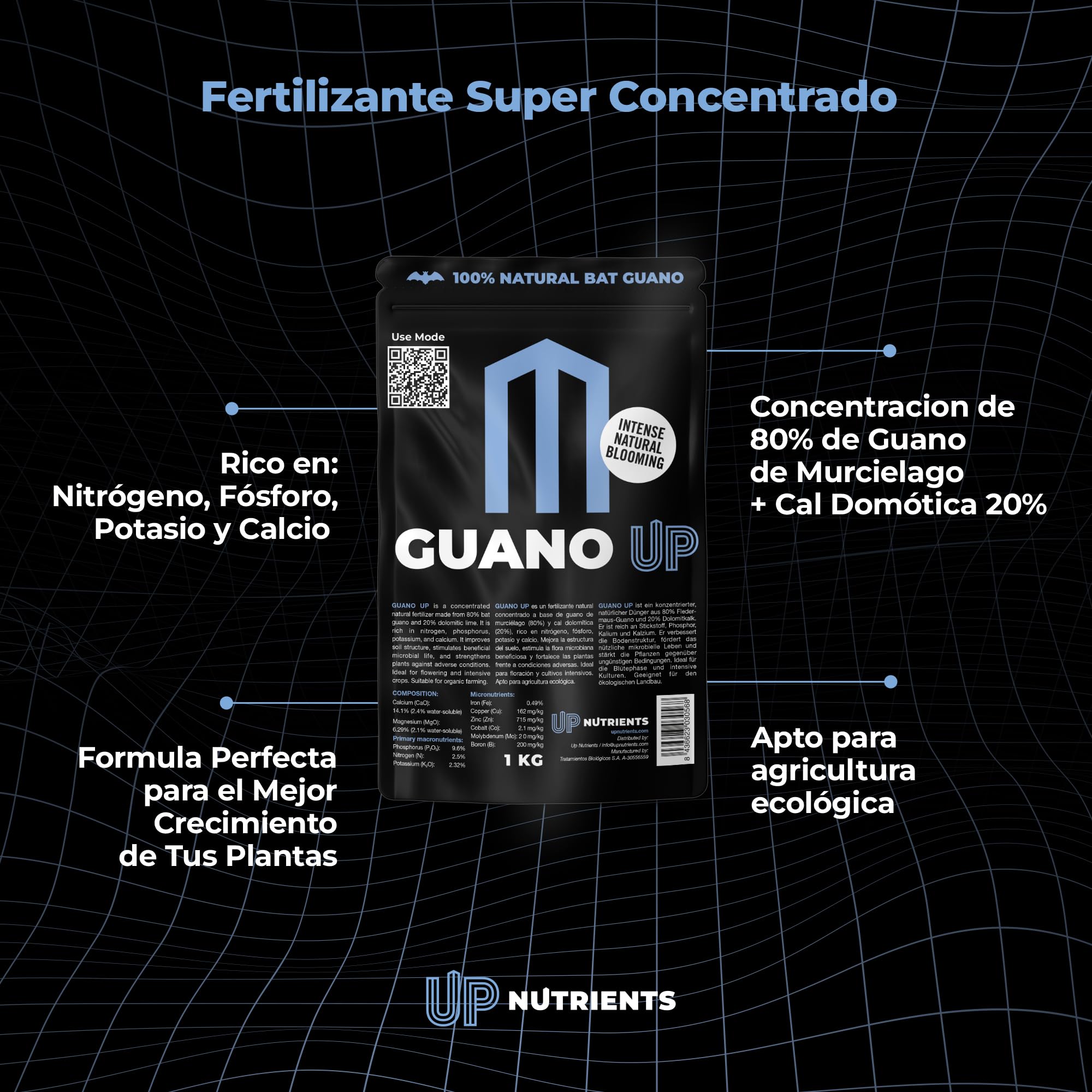UP NUTRIENTS Fertilizante GUANO UP de Murcielago 100% Natural 1 Kg | Abono Natural con Cal Dolomita | Plantas y Cultivos | Agricultura Ecologica Floracion Intensa, Mejora Sustrato y Crecimiento