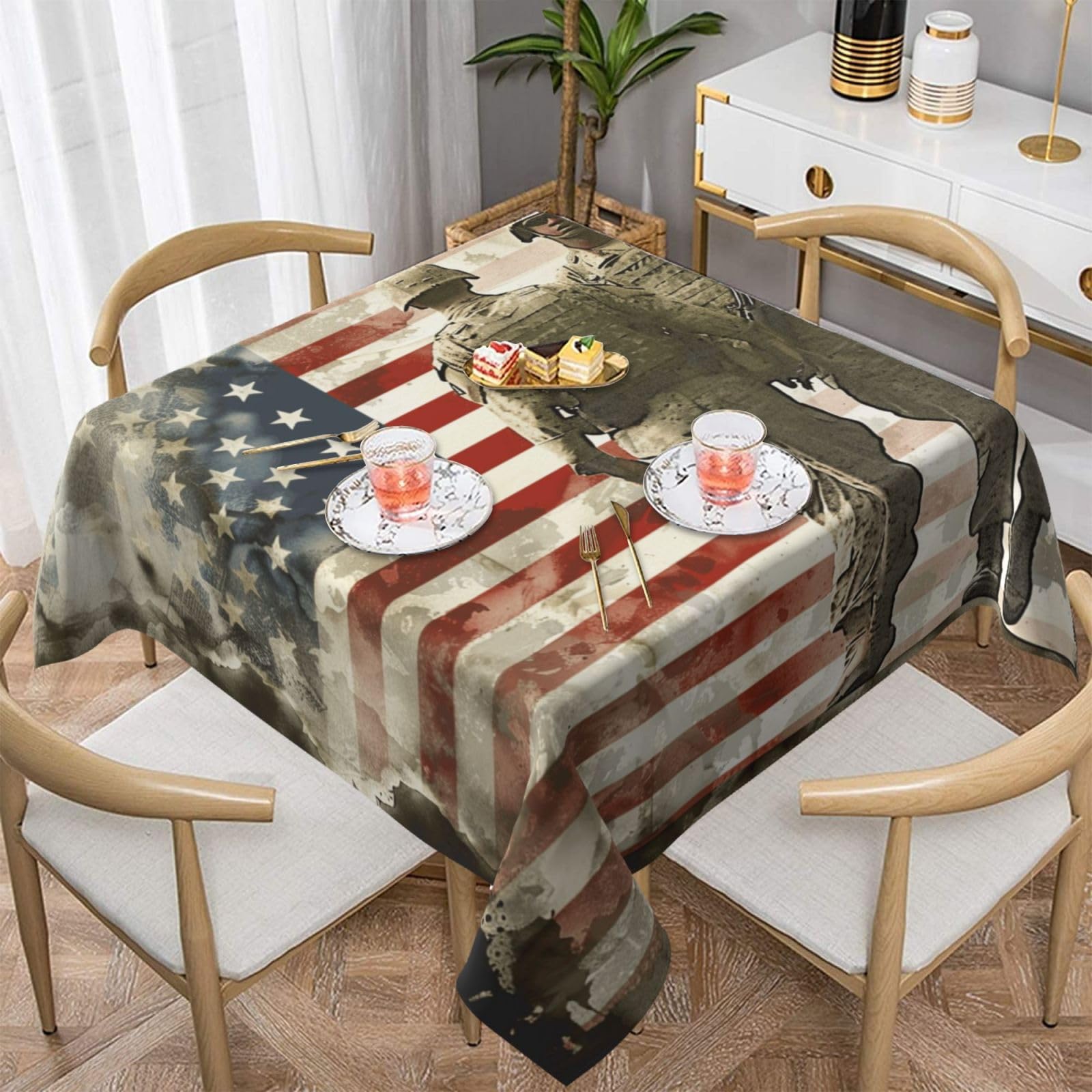 WPKJU US Military Soldiers Patriotic Memorial Day Printed Square Tablecloth 54x54 inch Water Resistant Table Cover Washable Rectangle Table Cloth for Dining Tables
