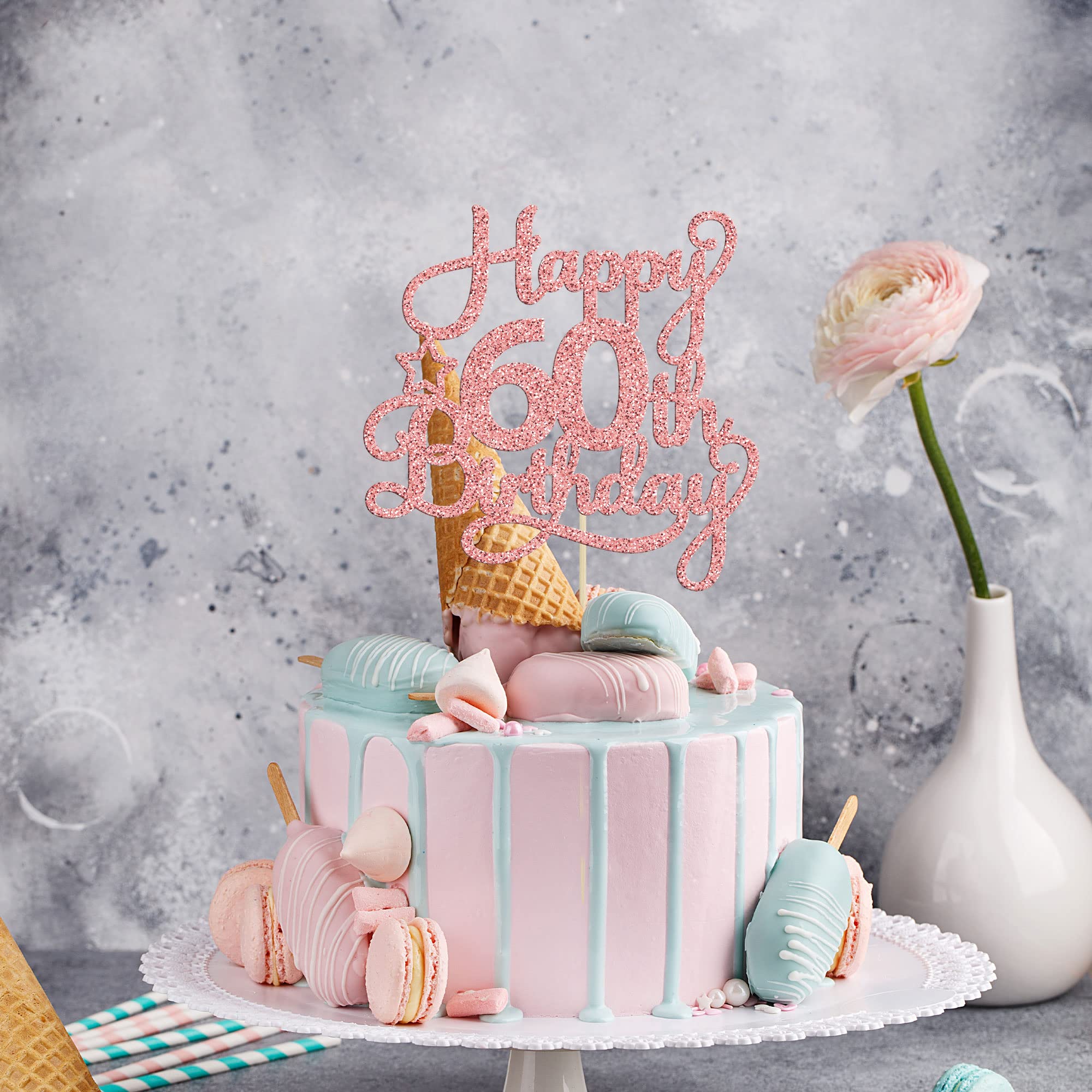 Lot De 1 Décoration De Gâteau D'anniversaire « Happy 60th Birthday » à Paillettes Dorées En Forme De Chiffre 60 Pour 60e Anniversaire