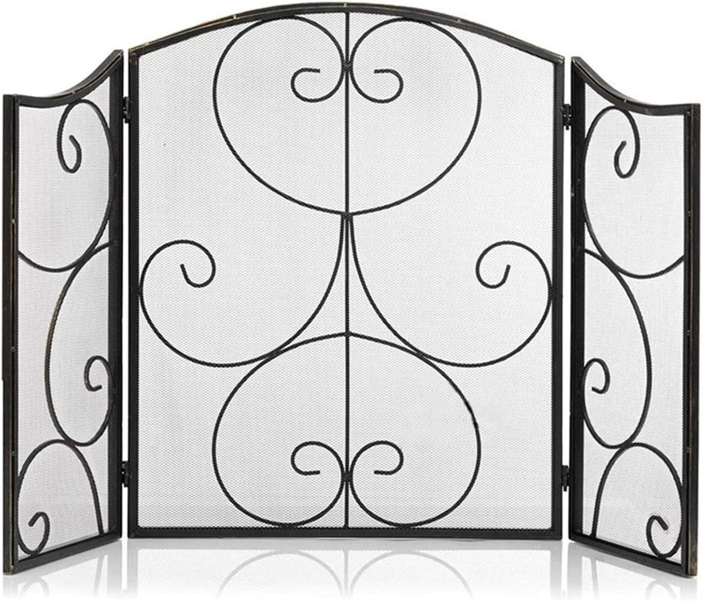 Heavy Duty 3-Panel Fireplace Screen with Decorative Stripes, Retro Design Spark Guard Fence for Safety, Fire Place Barrier, Stylish Fire Protection Accessory