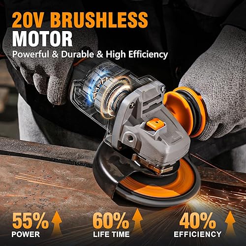 Miniatura 2 de ALLOYMAN Kit de amoladora angular inalámbrica de 20 V, 4-1/2 pulgadas, motor sin escobillas, velocidad variable de 3 velocidades de hasta 9,500 RPM,