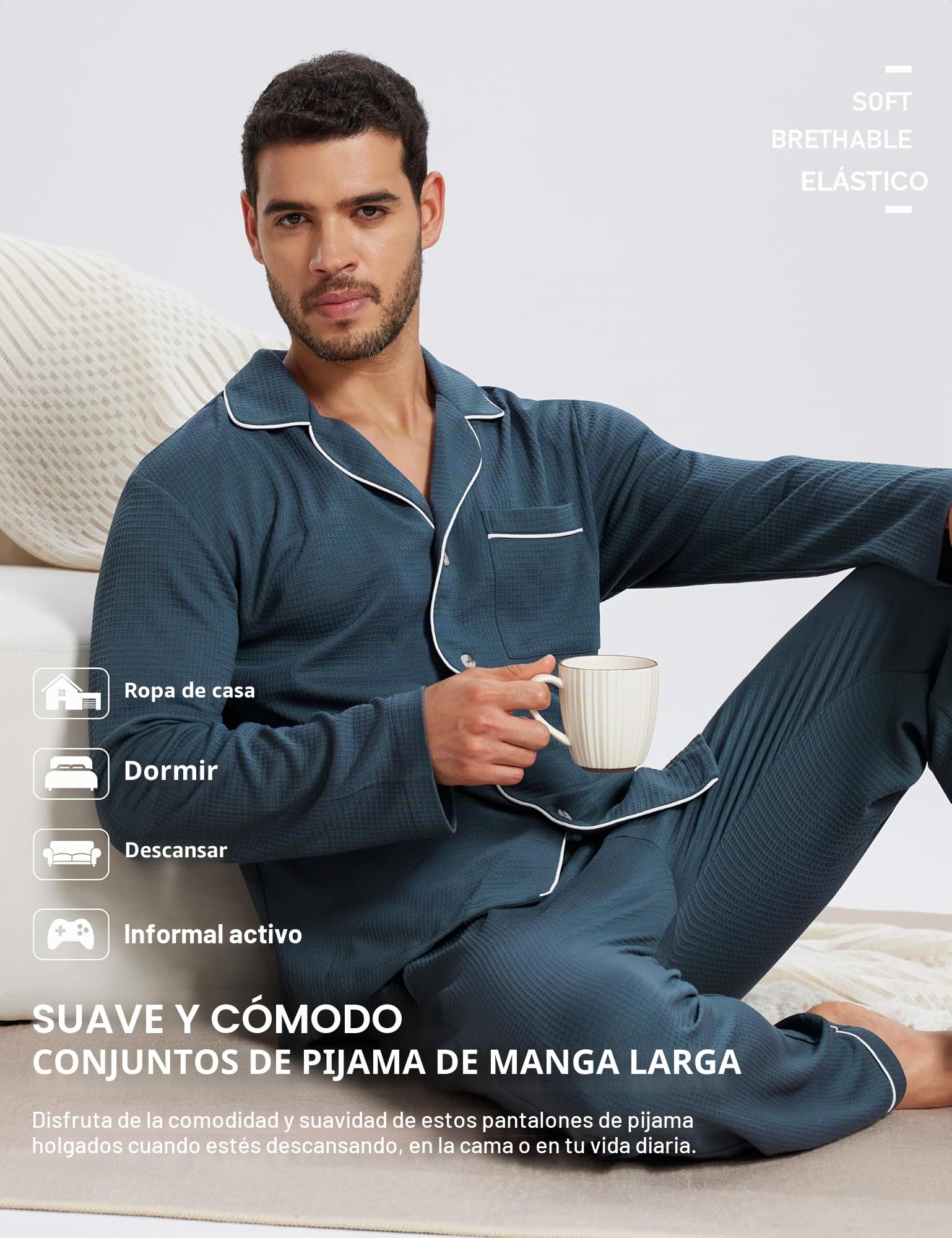 MoFiz Pijama Hombre Largo Otoño Invierno Conjunto de Pijamas con Botones Algodón Modal Suave y Cómoda Manga Larga Camisetas de Pijama y Pantalones Talla M-4XL