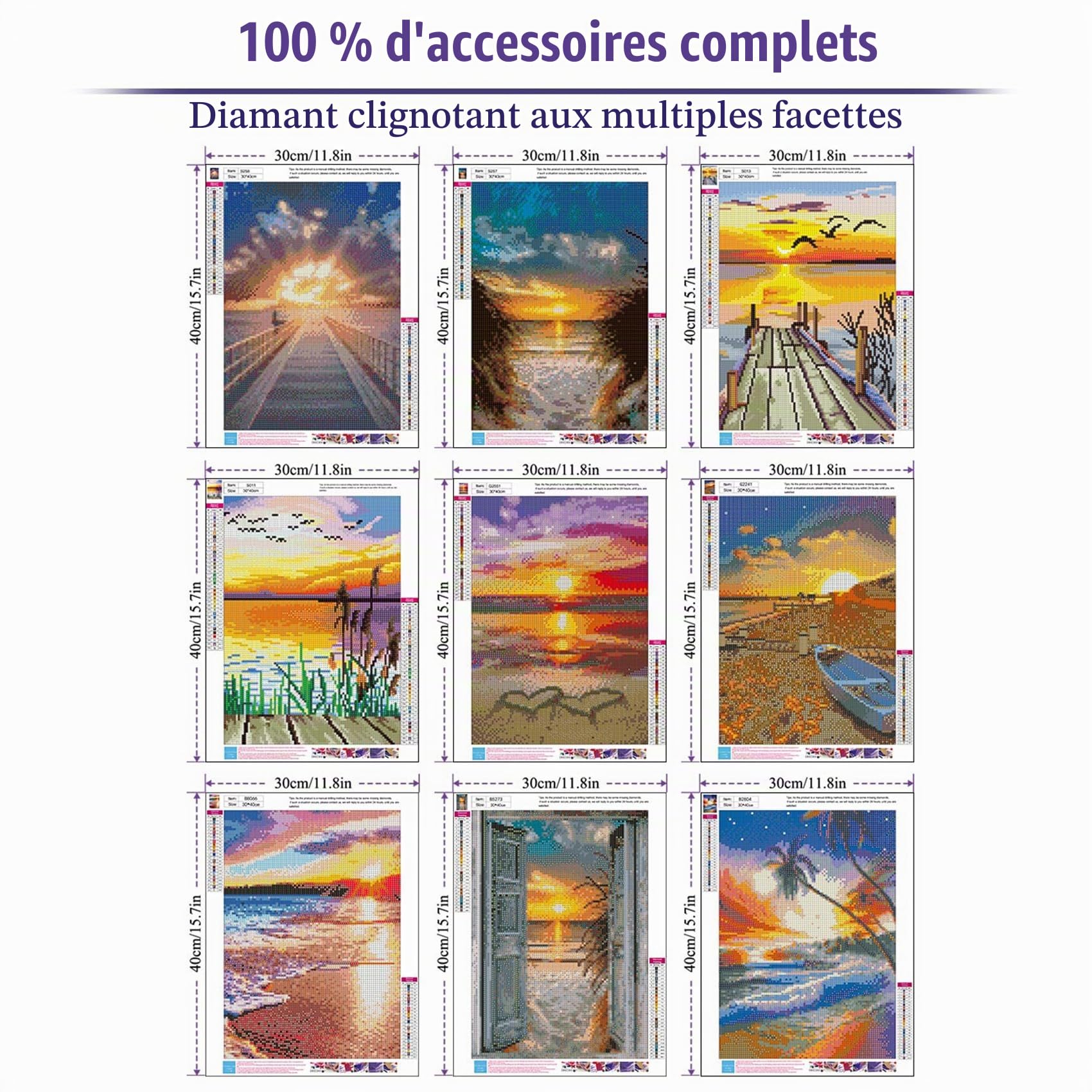 Lot de 9 diamants peinture pour adultes – Diamond Painting Paysage avec diamants peinture au coucher du soleil bricolage pour adultes (lot de 9, 30 x 40 cm)