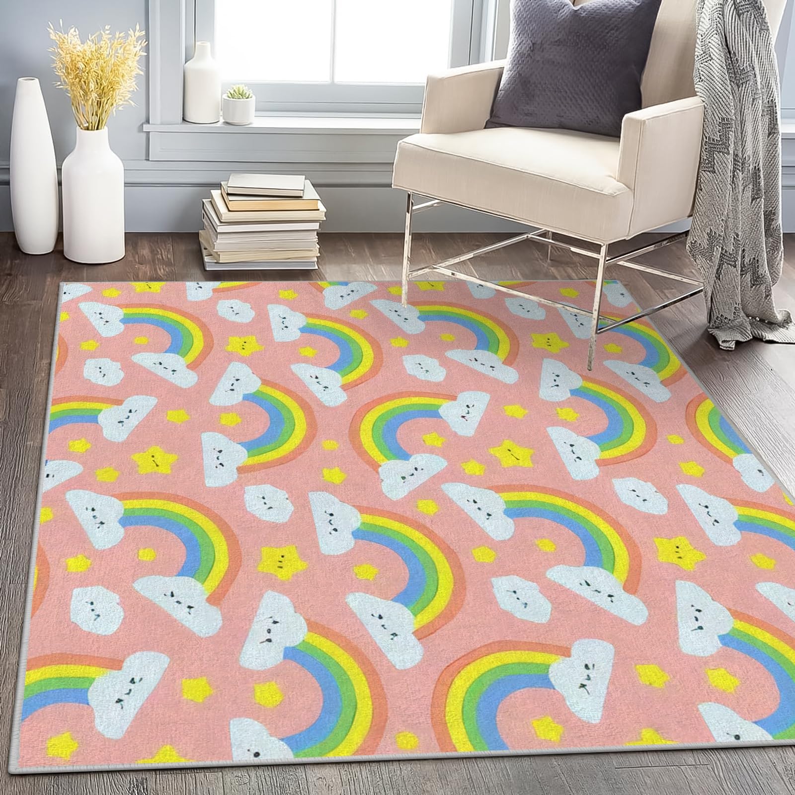 Tappeto Camera da Letto Arcobaleno 80x150 Pelo Corto Morbidi, Tappeti Salotto Nuvola Lavabile Lavatrice, Tappeto Scendiletto per Cameretta Ragazza Stanza