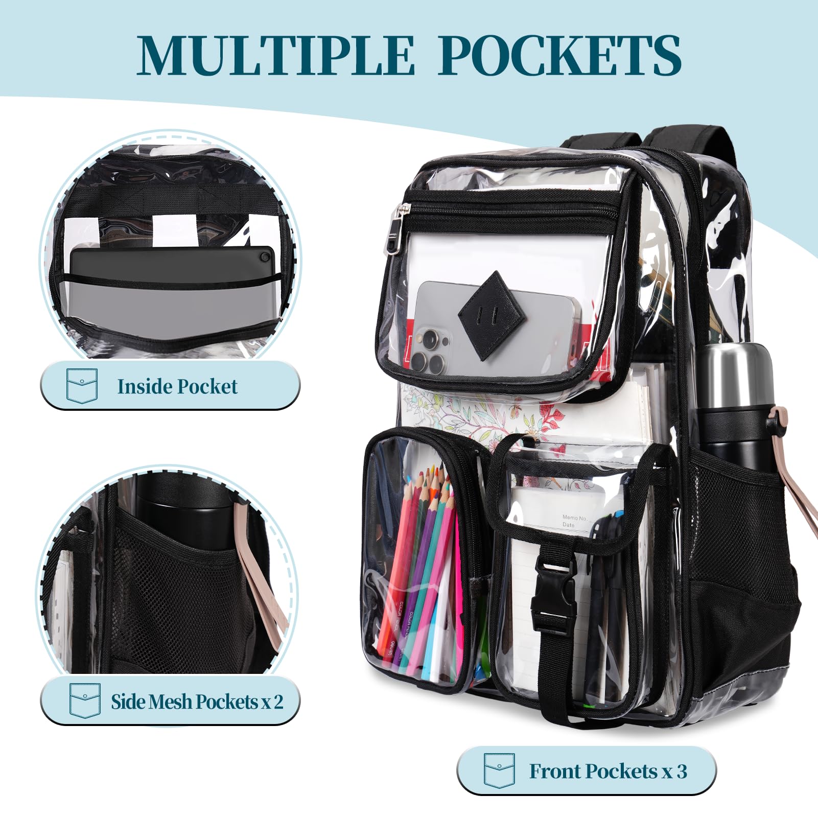 Grande zaino trasparente resistente – multi-tasche trasparente Bookbag Stadium approvato con cinghie rinforzate impermeabile zaino trasparente per adulti, lavoro, concerti, viaggi,