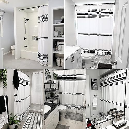 Miniatura 6 de Seasonwood Cortinas de ducha extralargas con borlas modernas en blanco y negro, impermeables, 72 x 96 pulgadas