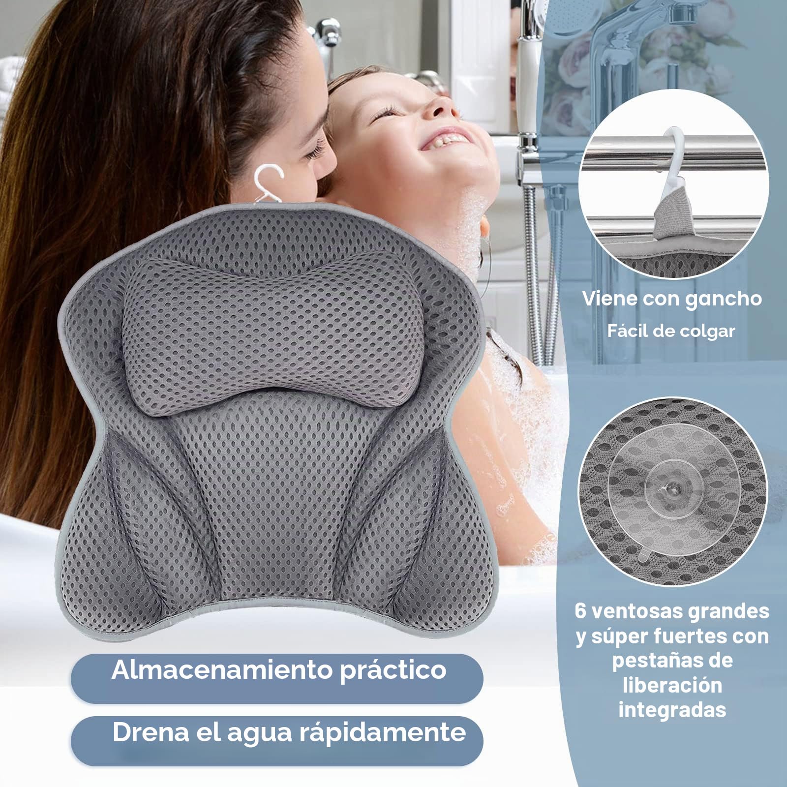Amzeeniu Almohada de Baño,Nuevo Cojín de Bañocon 6 Ventosas Antideslizantes Tecnología4D Air Mesh Cuello,Hombros y Espalda Soporte para Cabeza para SPA en Casa Bañera de Hidromasaje e Hidromasaje Gris