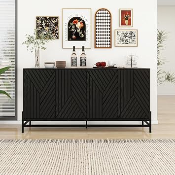 59" Modern Sideboard Buffet Cabinet, 4 Door Carved Credenza with Adjustable Shelves, Decorative Accent Storage Cabinet for Living Room, Dining Room, Kitchen, Black