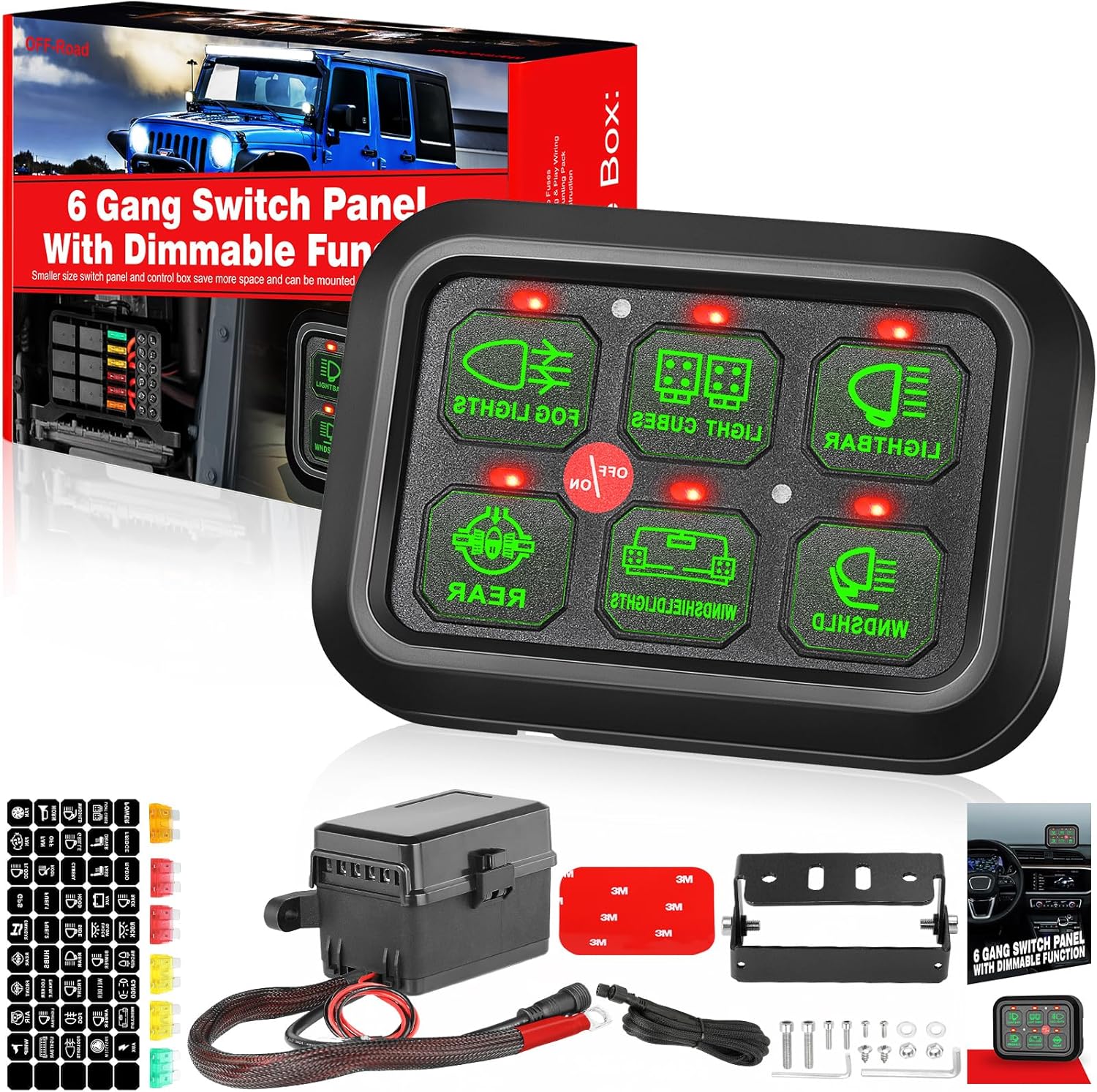 6 Gang Switch Panel Universal Circuit Control Relay System Automatic Dimmable ON-Off LED Switch Pod Touch Switch Box for Cars Truck Wrangler 4Runner ATV UTV SUV Car Boat