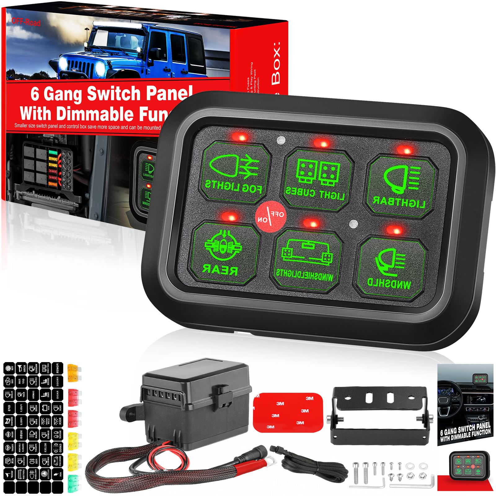 6 Gang Switch Panel Universal Circuit Control Relay System Automatic Dimmable ON-Off LED Switch Pod Touch Switch Box for Cars Truck Wrangler 4Runner ATV UTV SUV Car Boat