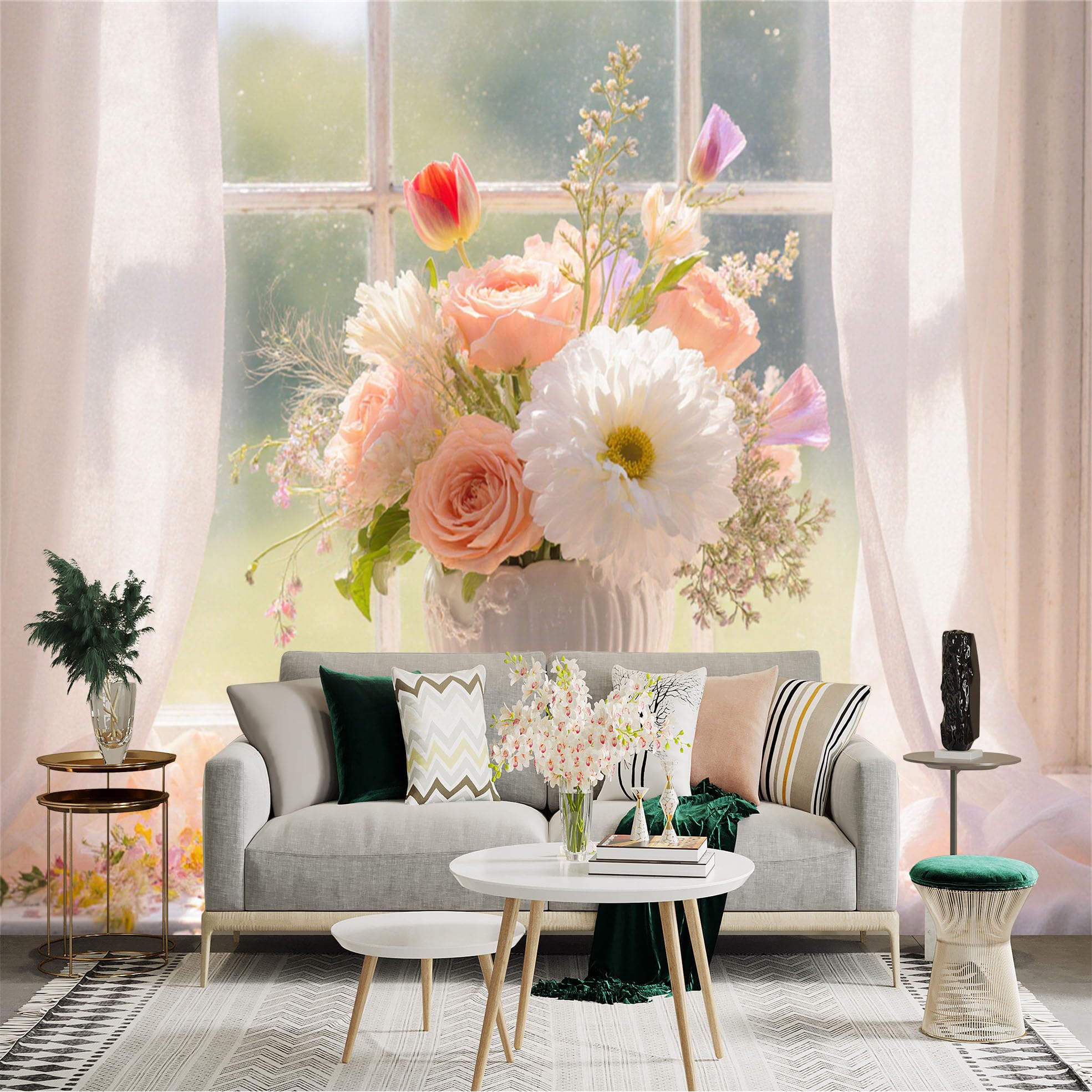 Custom Size Wall Sticker Mural， Soft Pastel Floral Bouquet in Elegant White Vase， Sunlight by Window， Dreamy Botanical Decor， for wall Decoration， peelandstick wall Decals.