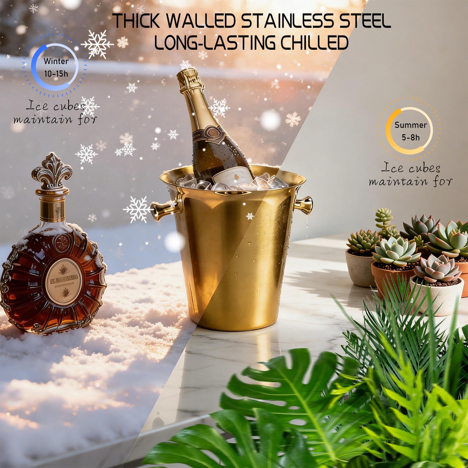 Secchiello per Il Ghiaccio con Supporto,Secchiello Refrigerante Bottiglie, Secchiello Vino Champagne Incluso Supporto per spumante, vino e champagne 5 L Gold Stand 60cm tall