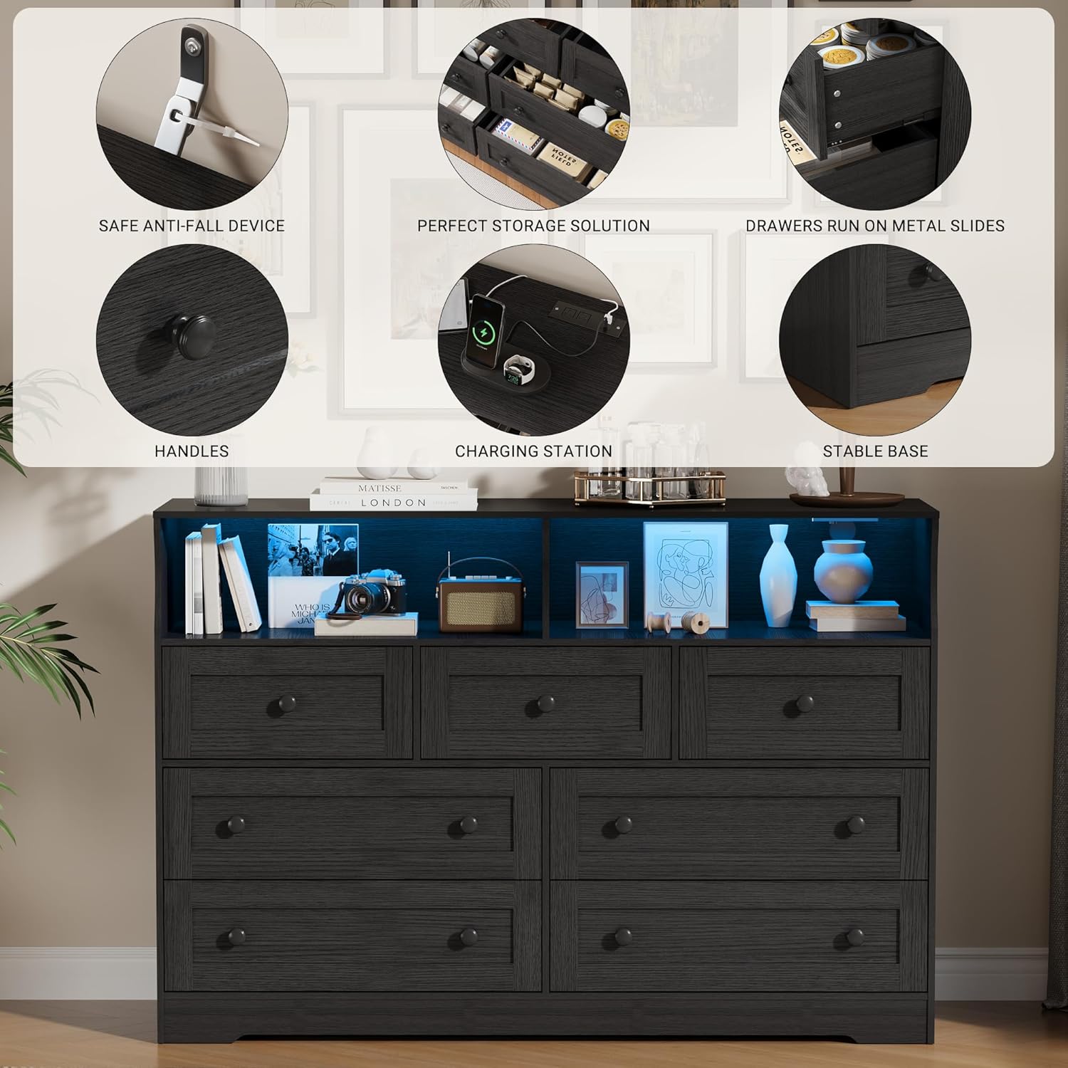 Diagram showing the overall dimensions of the IDEALHOUSE dresser: 55.1 inches wide, 37.8 inches high, and 15.7 inches deep. Also shows drawer dimensions.