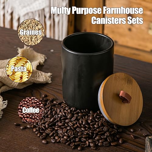 Miniatura 3 de JOJUNO Juego de recipientes de cerámica negra con tapa de madera, tarros herméticos de almacenamiento de alimentos de 3 piezas para encimera de