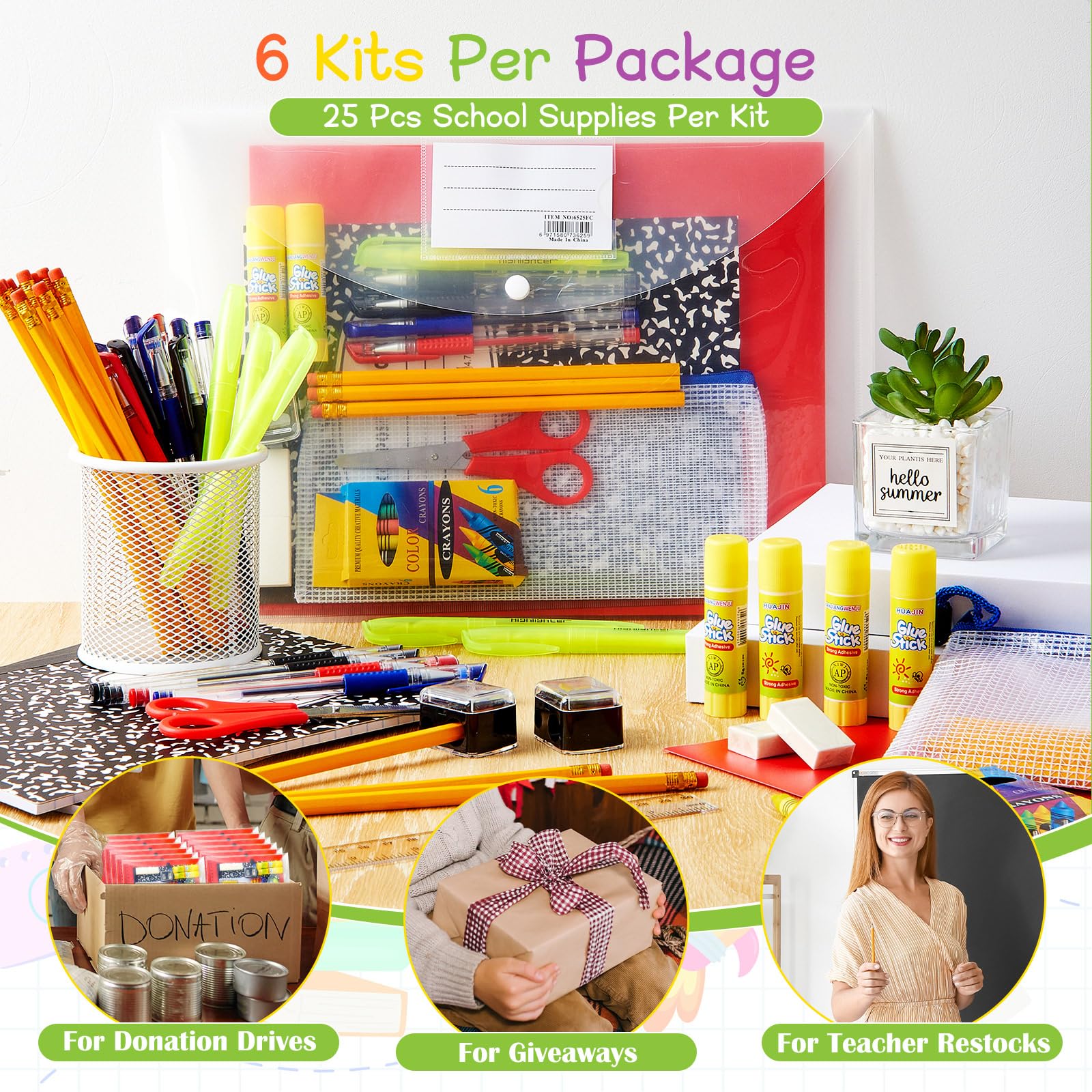 AmazingSpark Lot de 6 kits de fournitures pour la rentrée scolaire pour les élèves de 7 à 12e année - Fournitures de rentrée scolaire comprenant dossier, surligneurs, crayons, cahiers, ciseaux et plus