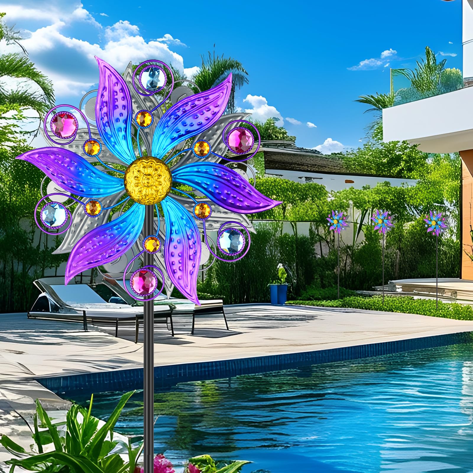 HJ24030 - Molinillo de viento para exteriores, diseño de flores moradas con estaca de metal, decoración artística de patio para patio, césped y jardín, regalos creativos de 57.5 x 13.3