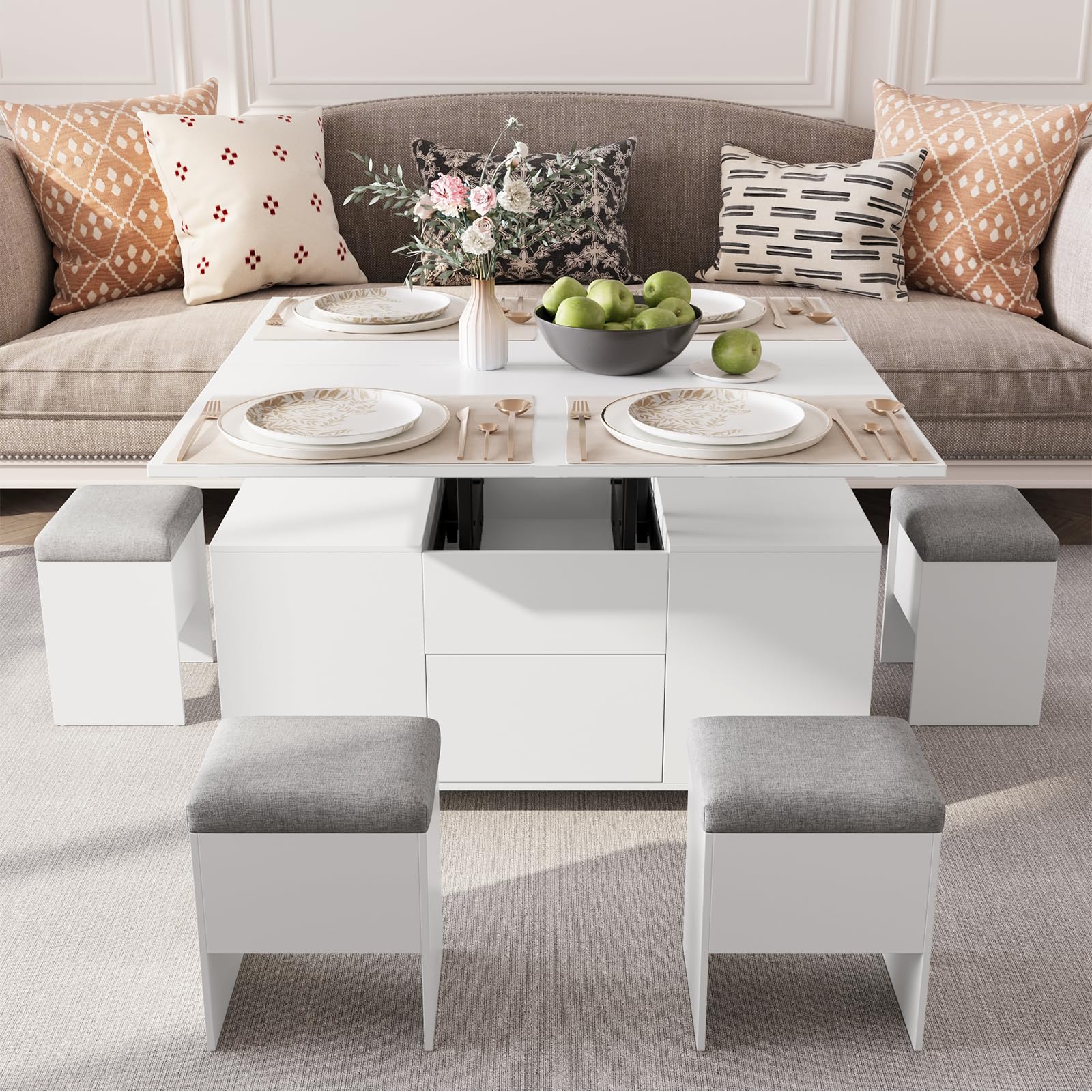 VOWNER Tavolino da Salotto Regolabile in Altezza, Tavolo da Salotto Multifunzionale 4 in 1 con 4 sgabelli, Tavolino da Salotto Convertibile in Tavolo da Pranzo da Salotto, Bianco, 108 x 106 x 68 cm