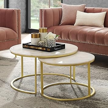 AALIYA MART Home Decor Furniture Round Coffee Table, Tea Table Set of 2 - Couch Table, Nesting Stacking Table for Living Room, Lounge, with Golden Metal Frame and Engineered Wood