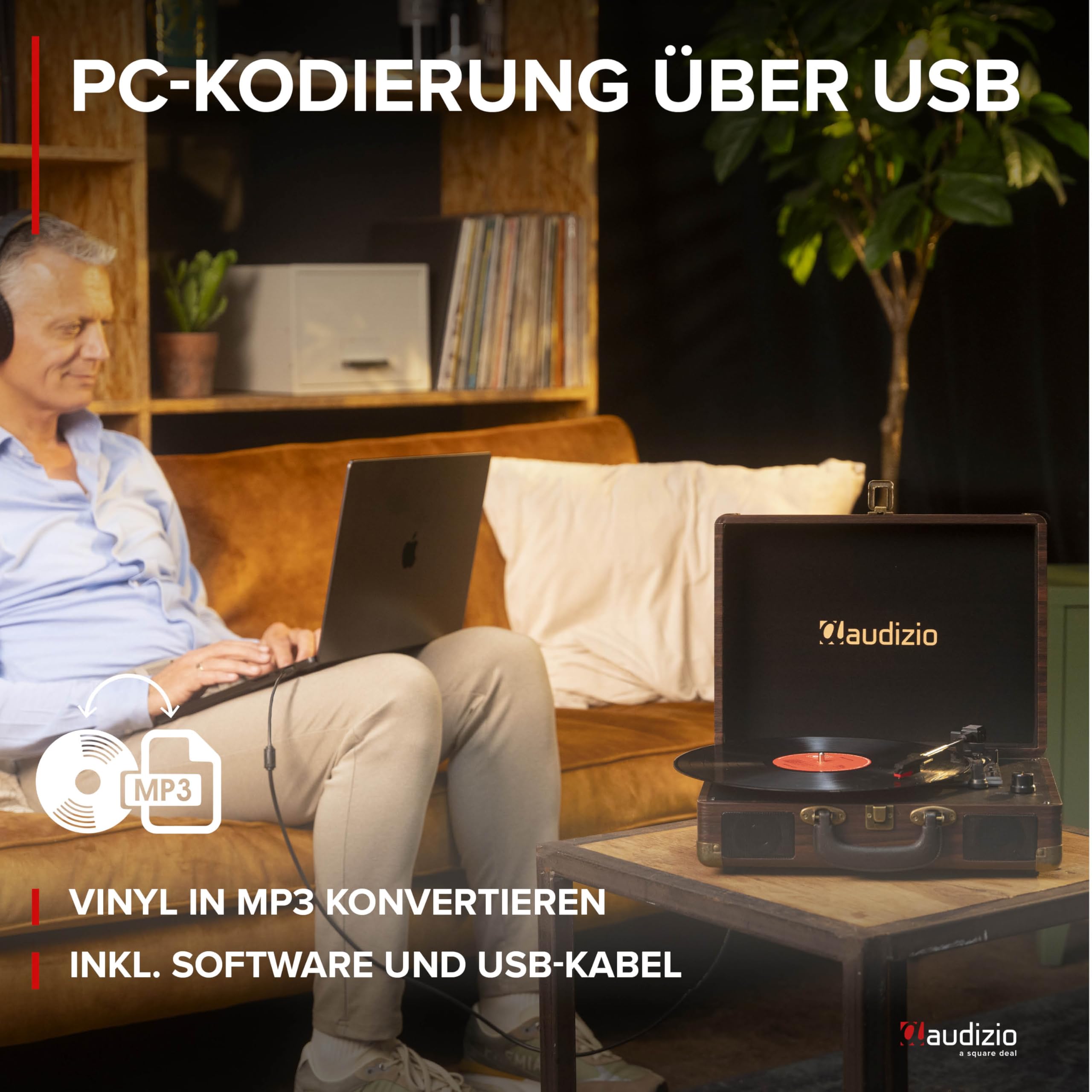 Audizio RP116DW Plattenspieler mit Lautsprecher - Vinyl Player 3-Gang Antrieb, Plattenspieler Bluetooth 5.0, Schallplattenspieler mit Riemenantrieb 33/45/78, Auto-Stop, Digitalisieren mit USB, AUX