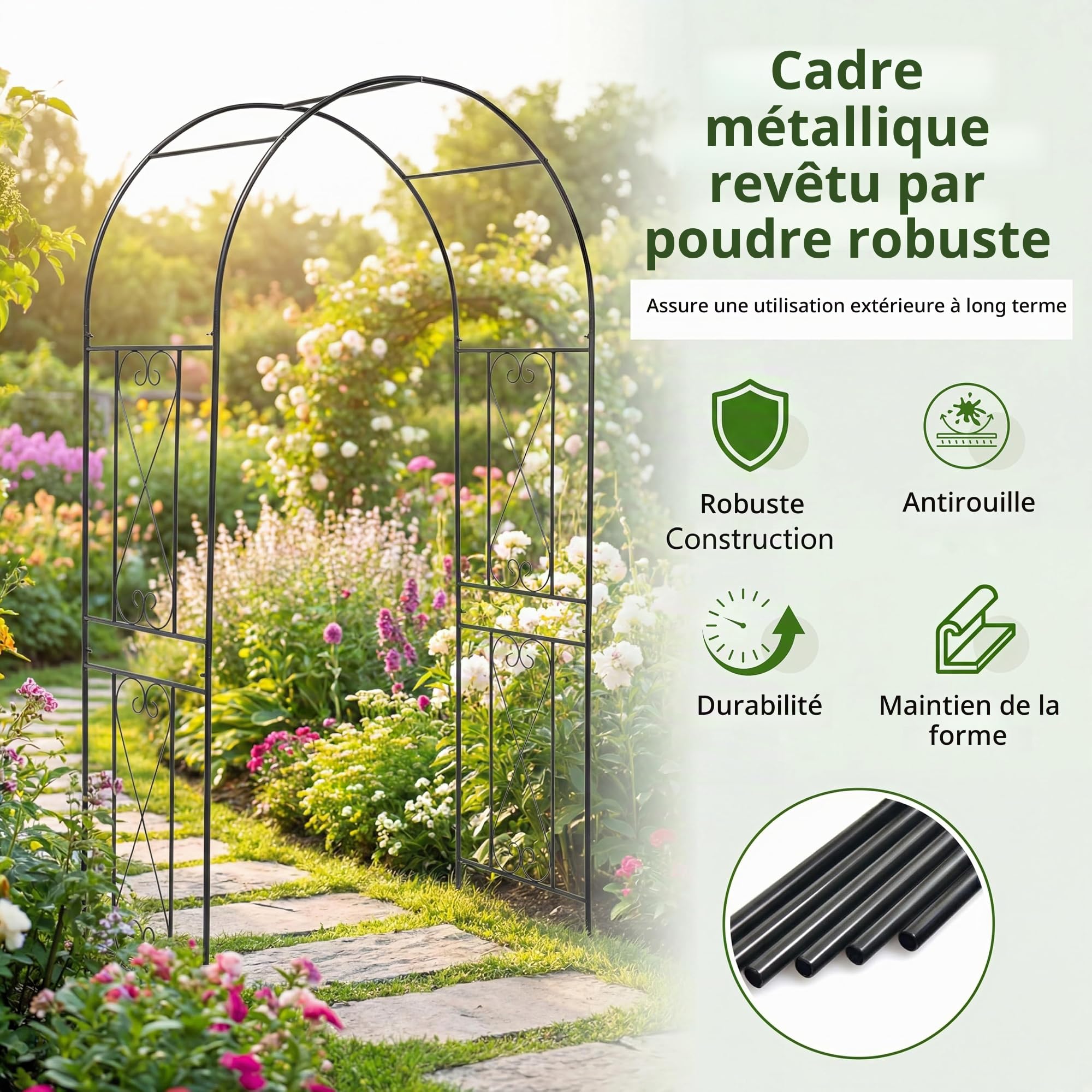HOMASIS Arche de Jardin pour Plantes Grimpantes, Tonnelle incurvée de Mariage avec Treillis, 4 Piquets de Sol, Décoration pour Intérieur Extérieur, Noir (120 x 56 x 220 cm)