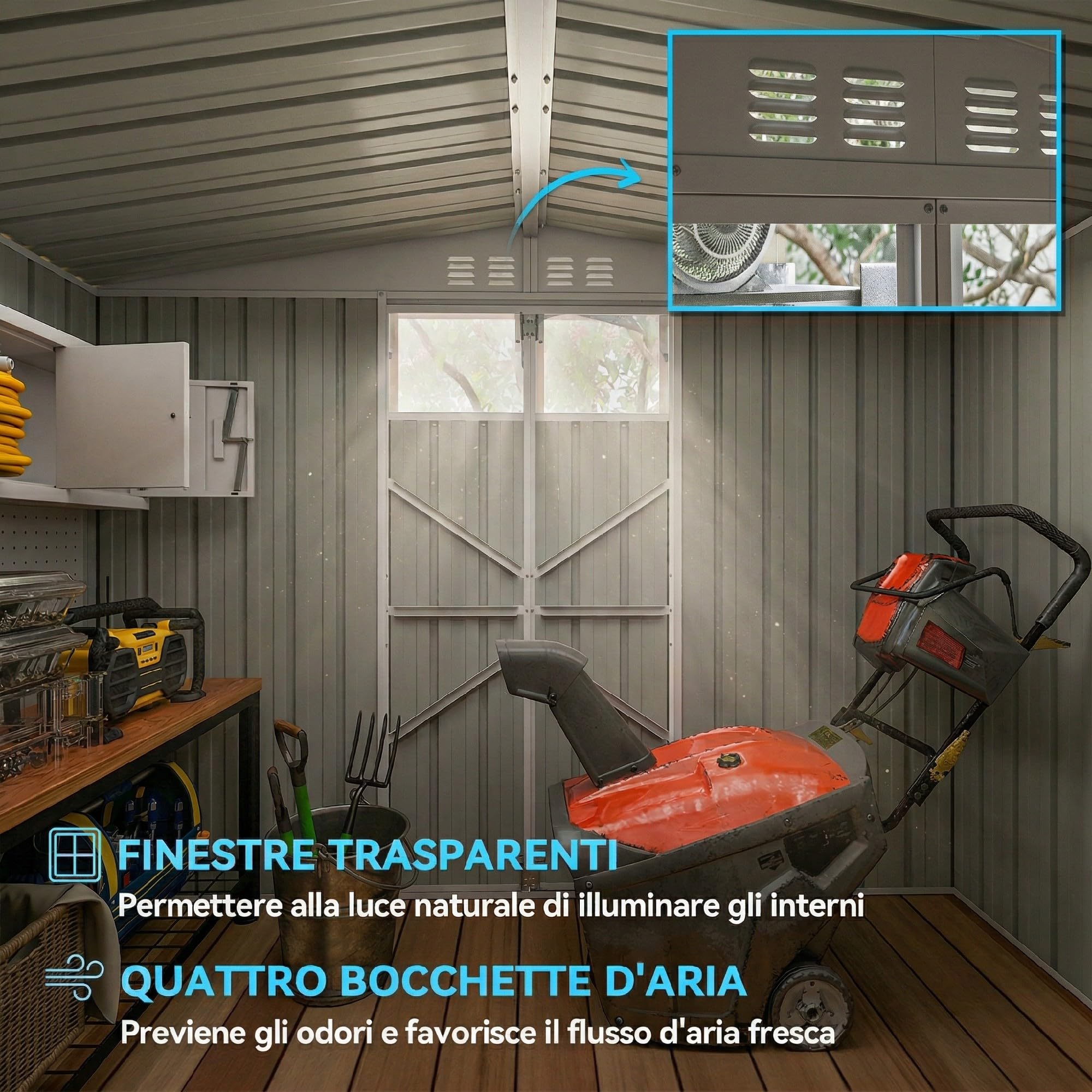 Outsunny Casetta da Giardino 2.7m² in Acciaio Zincato con 4 Prese d'Aria e 2 Finestre Trasparenti, Capanno Porta Attrezzi con Tetto Inclinato, Doppio Porte Bloccabili con Chiavi e Guanti Grigio Scuro