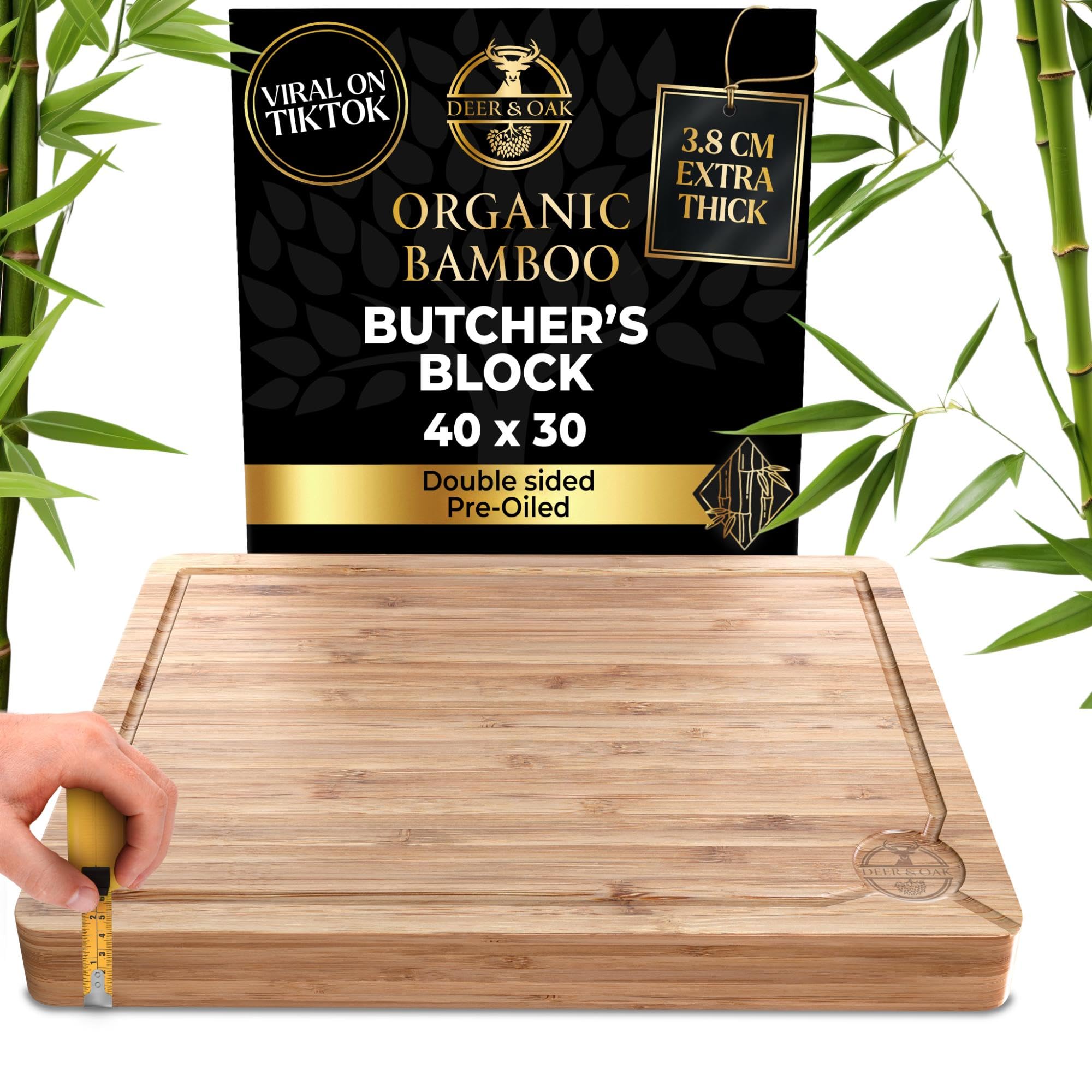 Deer & Oak Extra Large Chopping Board - 40 x 30 x 3.8cm Extra Thick Wooden Bamboo Meat Chopping Board, Butchers Block, Chopping Block for Kitchen, Heavy Duty